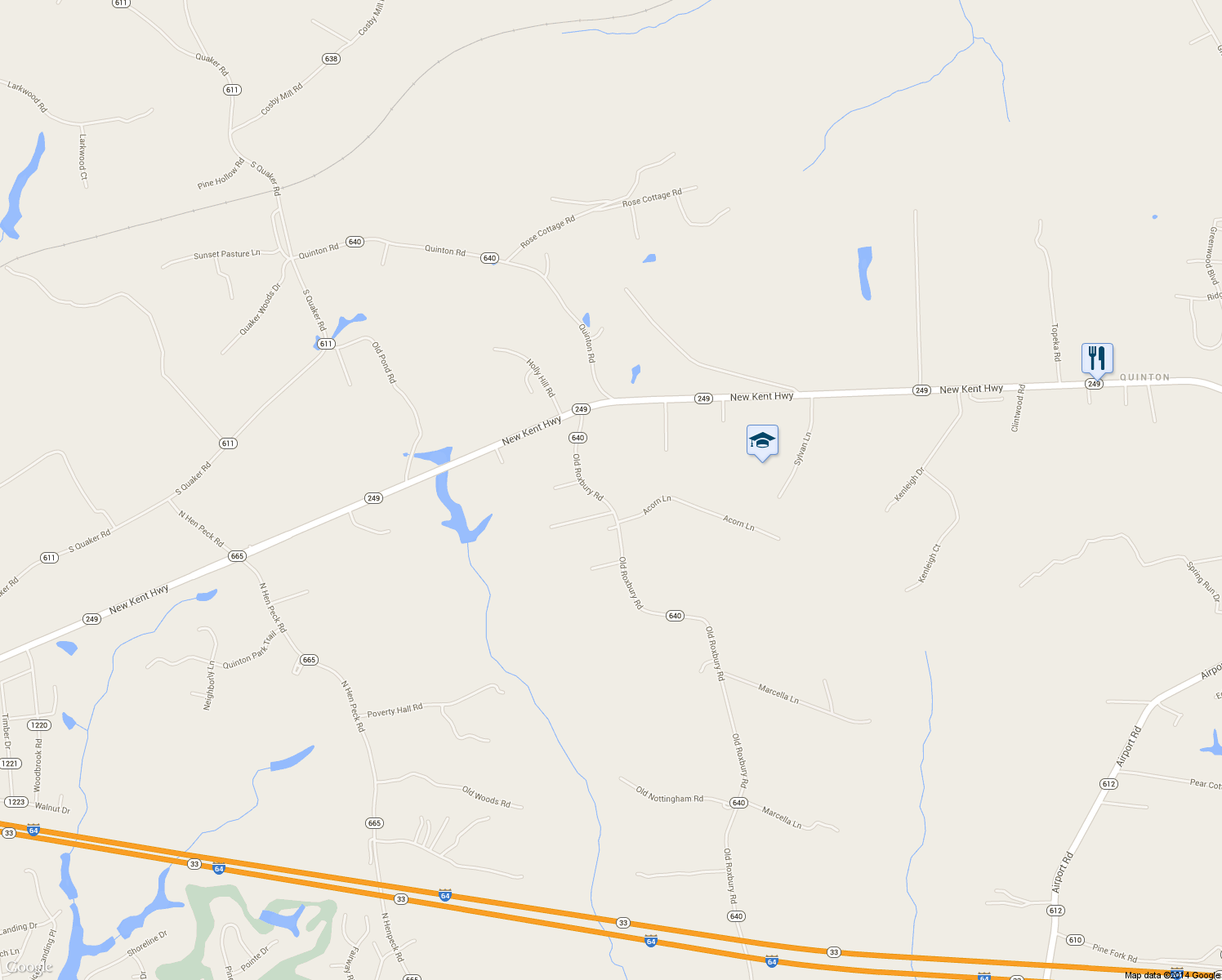 map of restaurants, bars, coffee shops, grocery stores, and more near 8435 Old Roxbury Road in Quinton