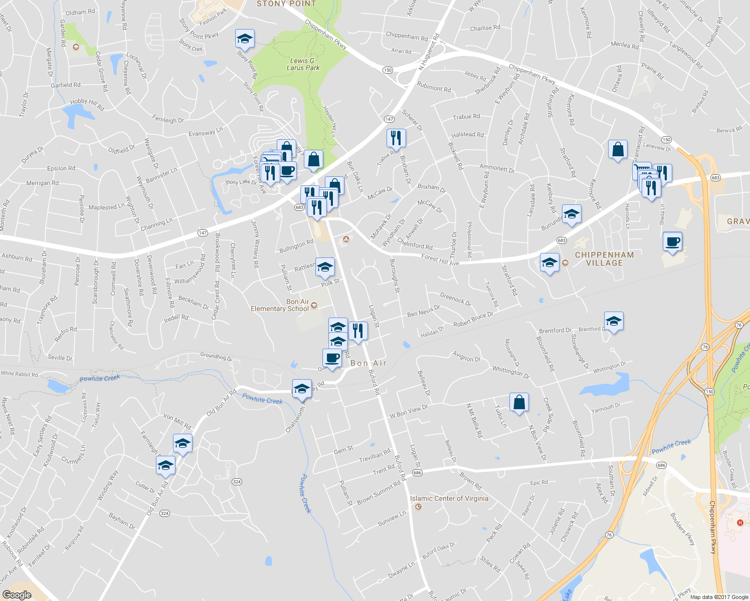 map of restaurants, bars, coffee shops, grocery stores, and more near 2217 Logan Street in Richmond