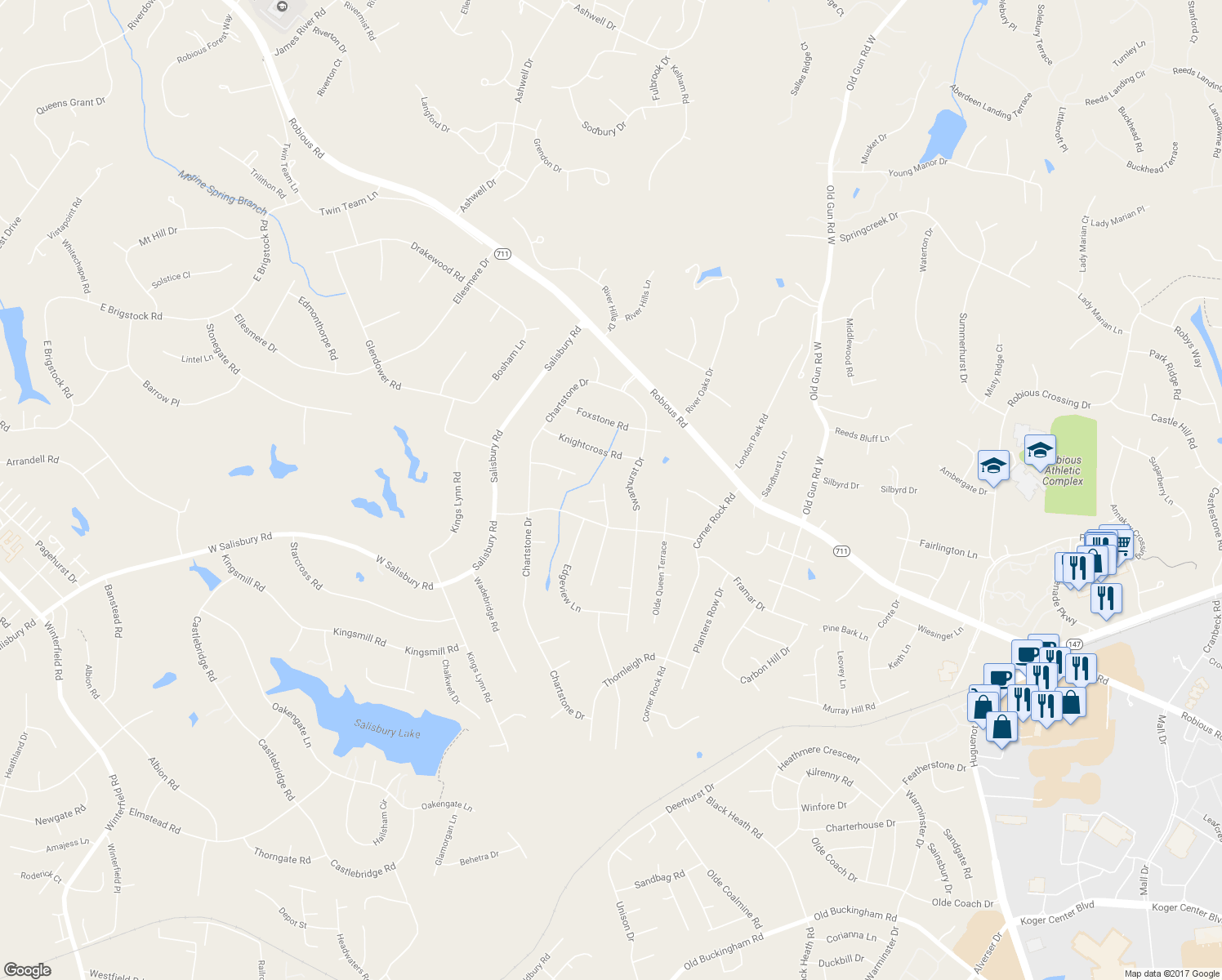 map of restaurants, bars, coffee shops, grocery stores, and more near 2601 Olde Stone Road in Midlothian