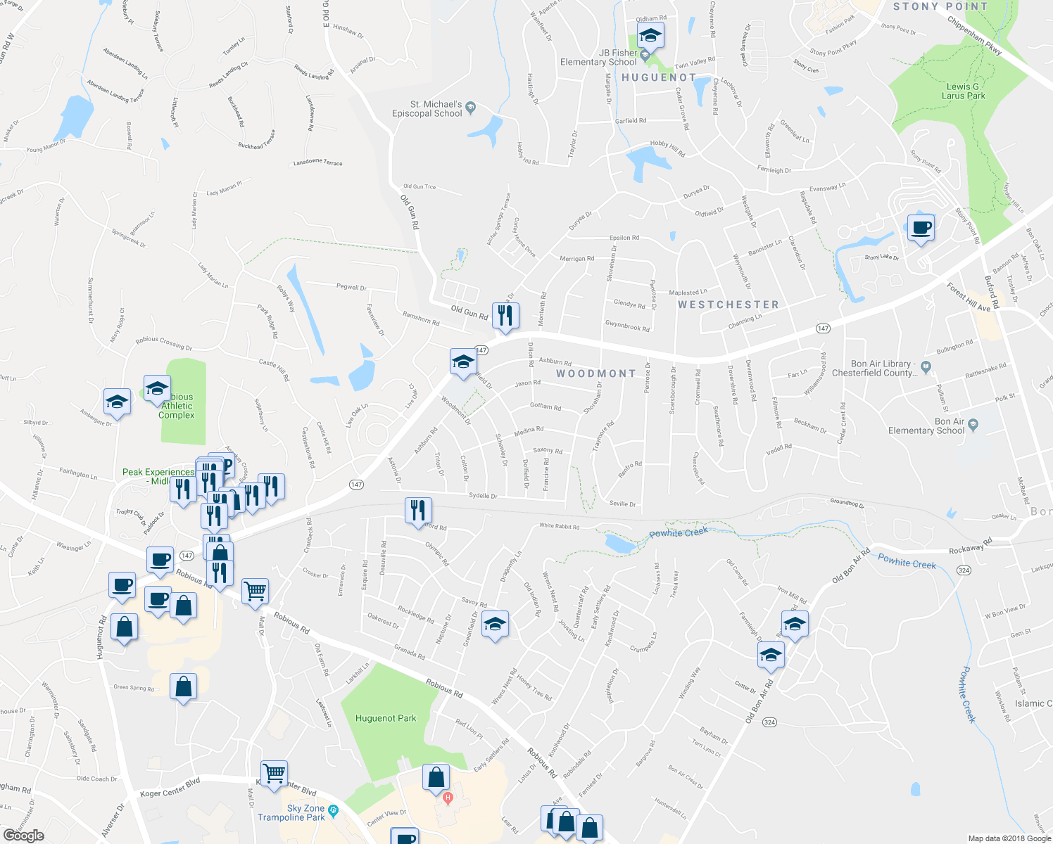 map of restaurants, bars, coffee shops, grocery stores, and more near 10456 Medina Road in Richmond