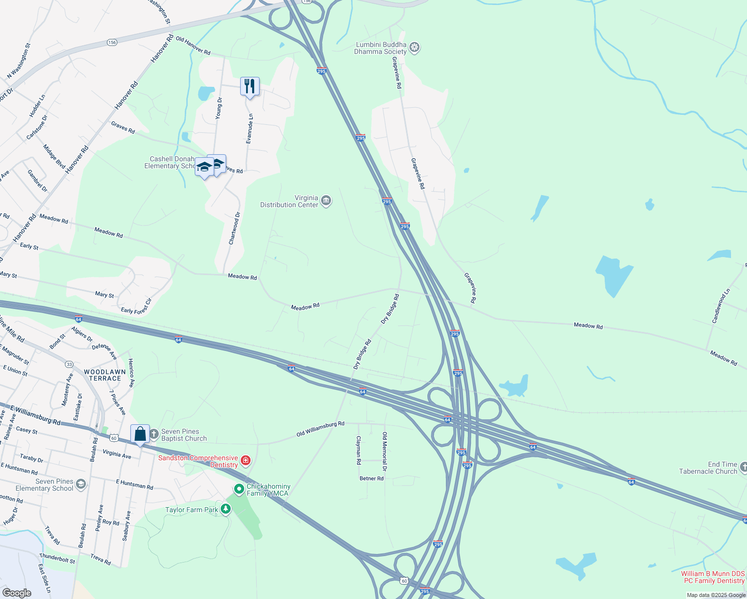 map of restaurants, bars, coffee shops, grocery stores, and more near 2401 Meadow Road in Sandston