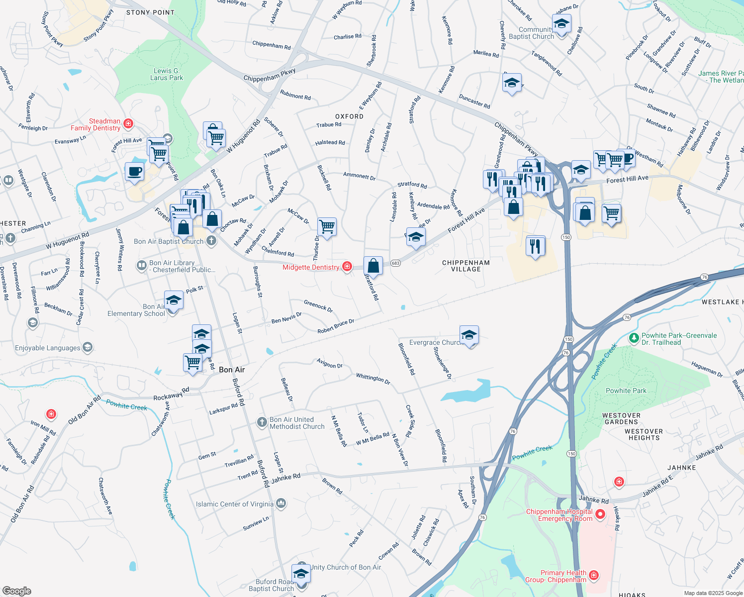 map of restaurants, bars, coffee shops, grocery stores, and more near 2230 Stratford Road in Richmond
