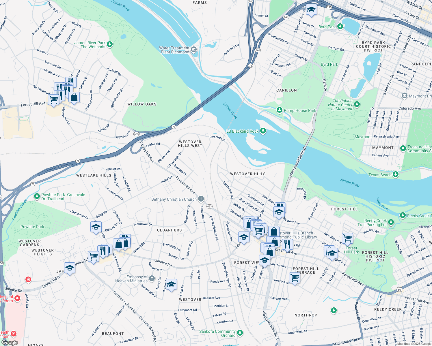 map of restaurants, bars, coffee shops, grocery stores, and more near 5424 Dorchester Road in Richmond