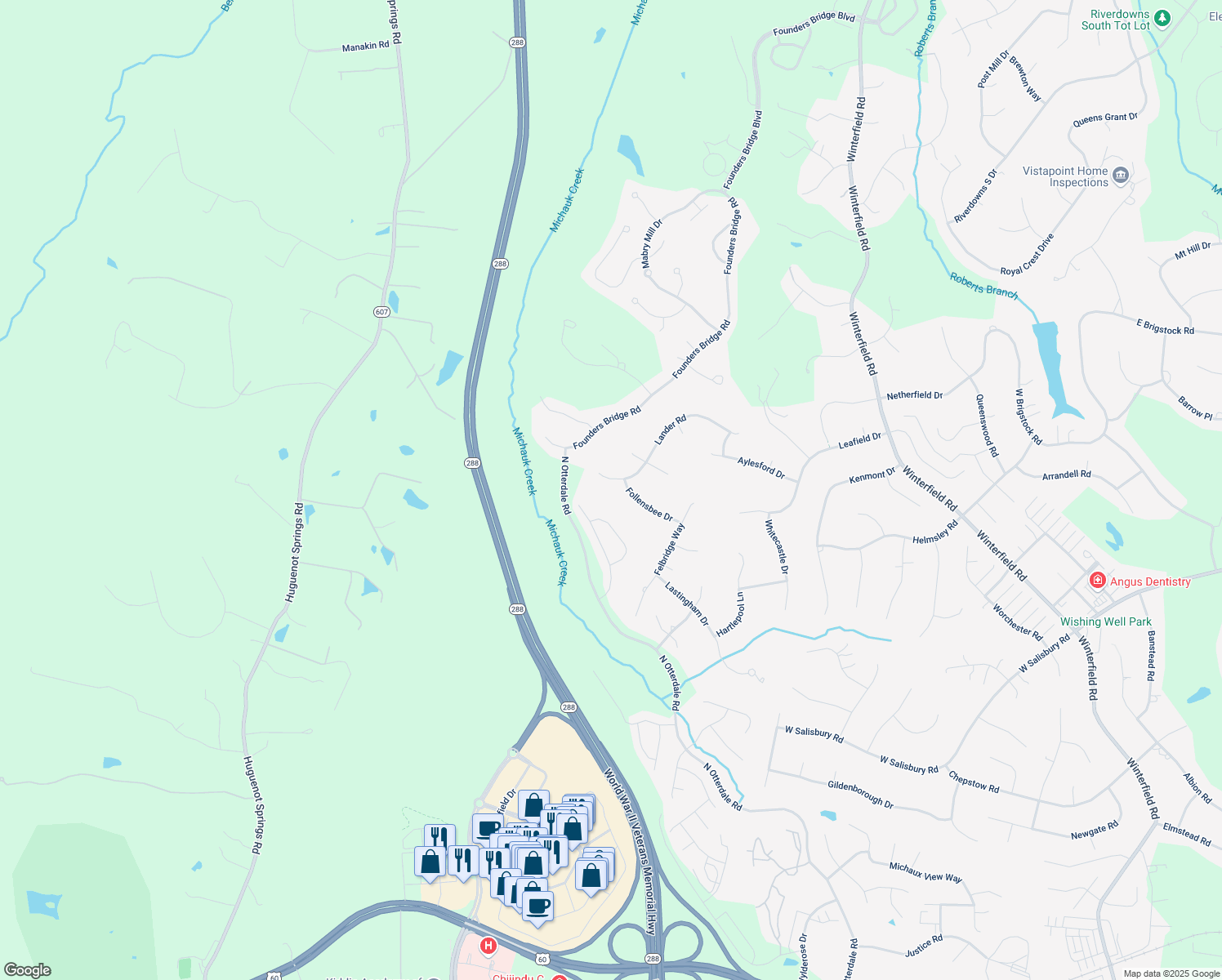 map of restaurants, bars, coffee shops, grocery stores, and more near 14607 Lander Rd in Midlothian