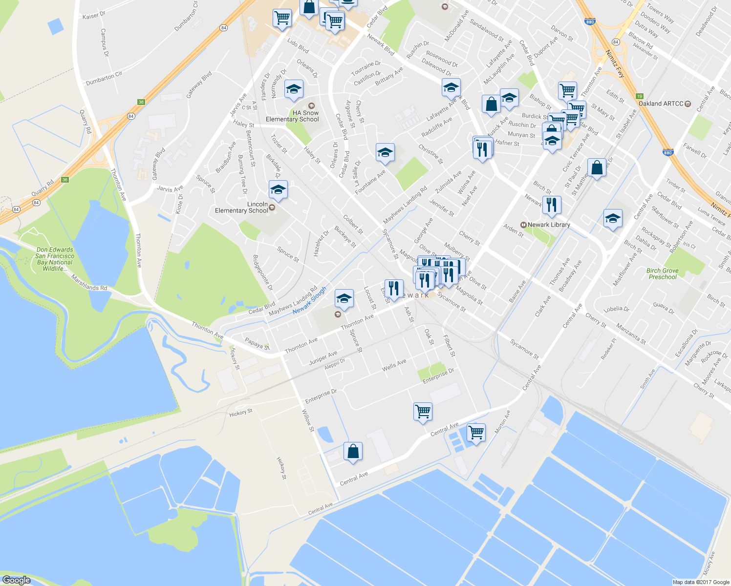 map of restaurants, bars, coffee shops, grocery stores, and more near 36807 Locust Street in Newark