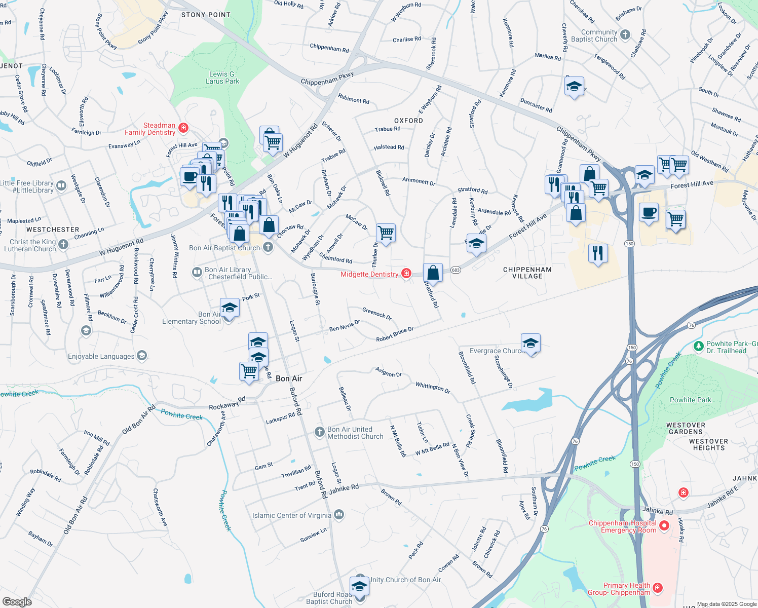 map of restaurants, bars, coffee shops, grocery stores, and more near 2400 Bon Air Station Ln in Richmond