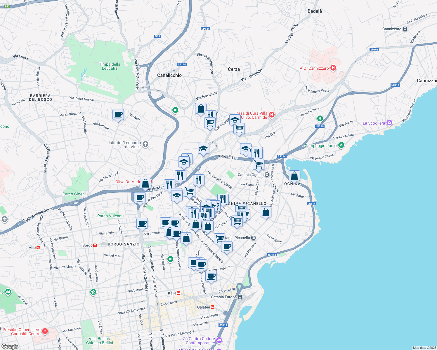 map of restaurants, bars, coffee shops, grocery stores, and more near 150 Via Macaluso in Catania