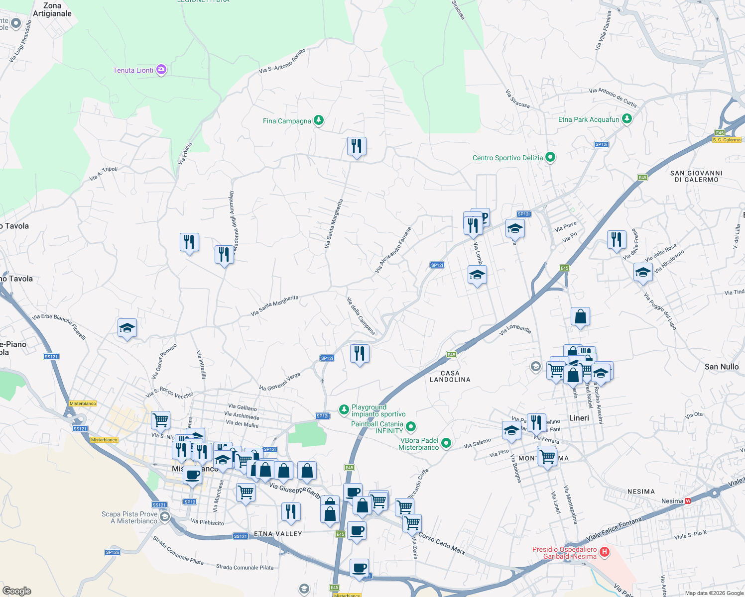 map of restaurants, bars, coffee shops, grocery stores, and more near 5 Via Nicola Spedalieri in Misterbianco