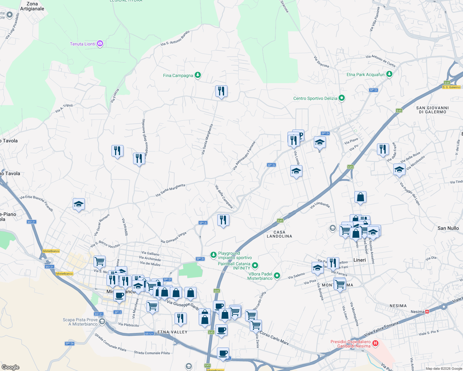 map of restaurants, bars, coffee shops, grocery stores, and more near 5 Via Nicola Spedalieri in Misterbianco