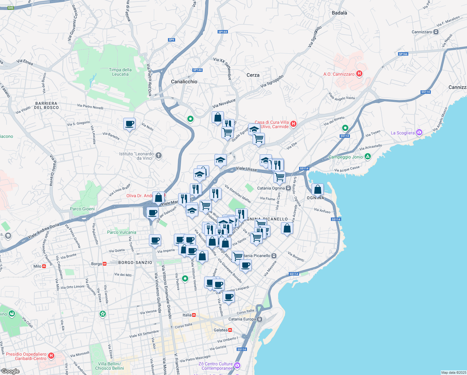 map of restaurants, bars, coffee shops, grocery stores, and more near 150 Via Macaluso in Catania