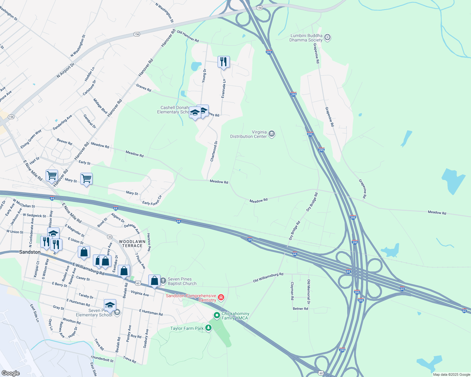 map of restaurants, bars, coffee shops, grocery stores, and more near 2130 Meadow Road in Sandston