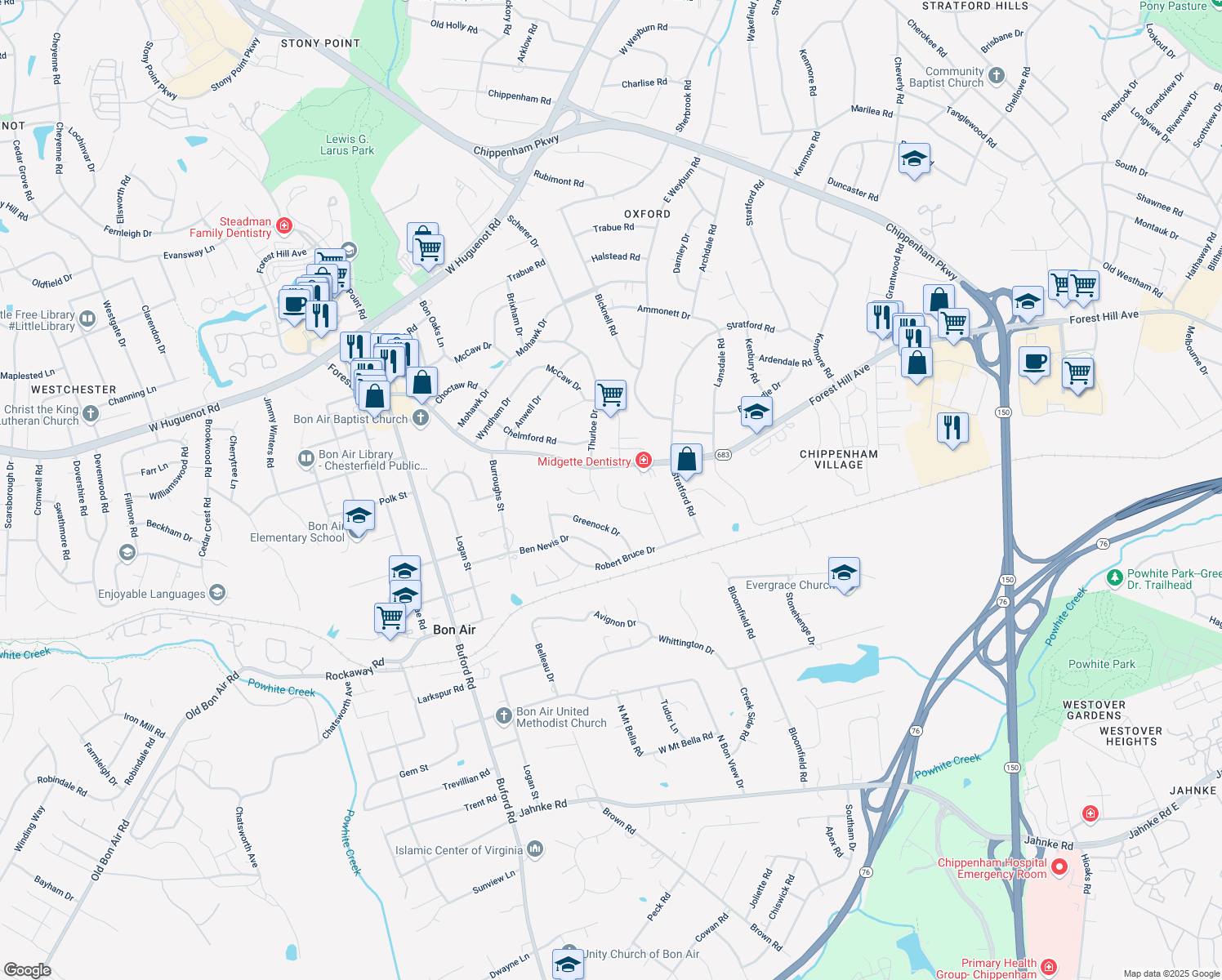 map of restaurants, bars, coffee shops, grocery stores, and more near 8129 Bendemeer Road in Richmond