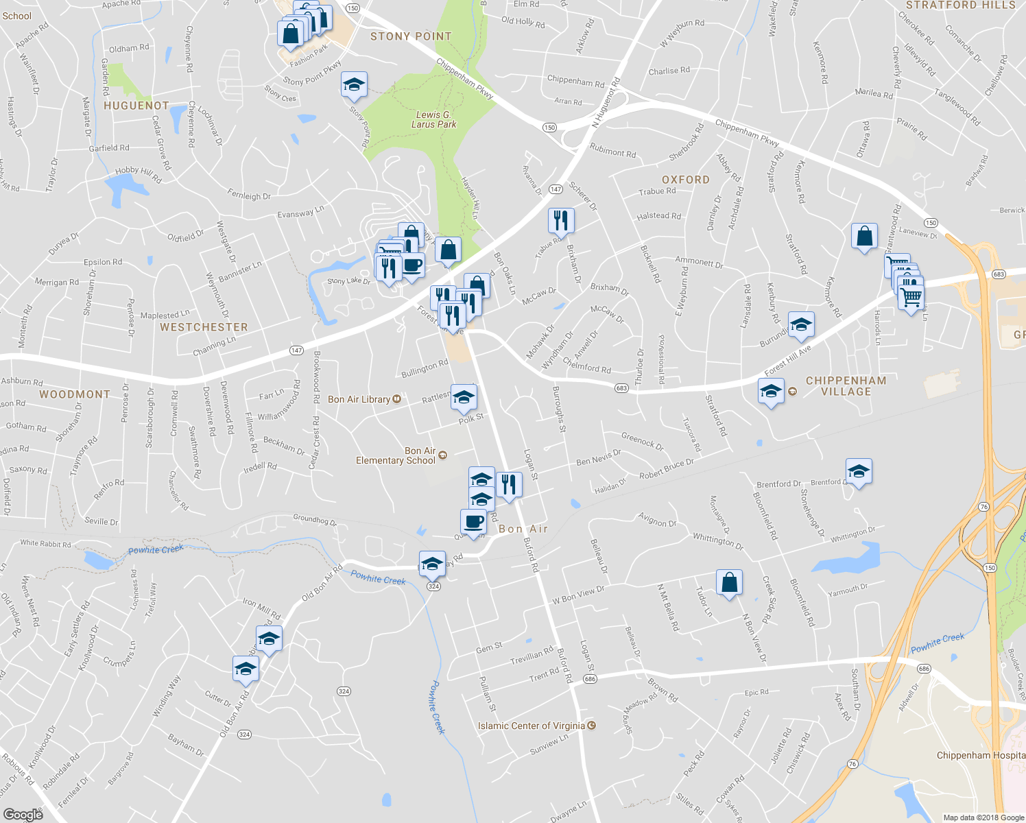 map of restaurants, bars, coffee shops, grocery stores, and more near 8731 Grand Summit Road in Richmond