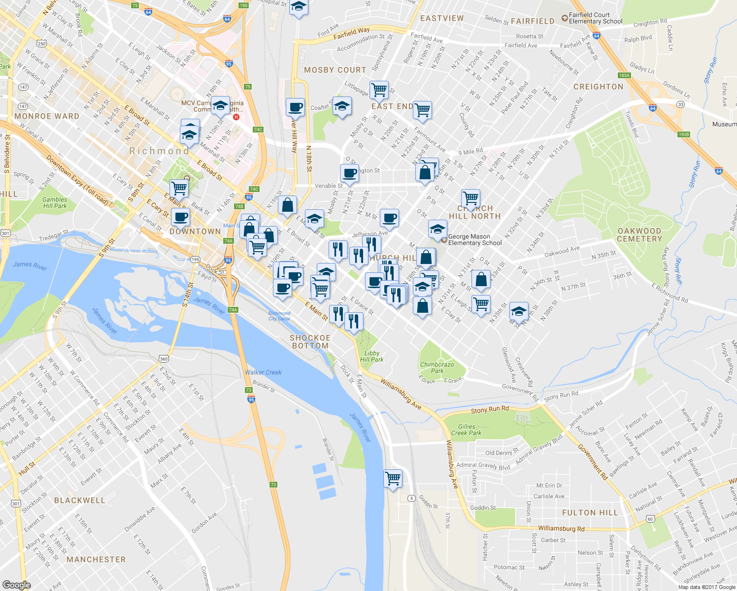map of restaurants, bars, coffee shops, grocery stores, and more near 2607 East Broad Street in Richmond