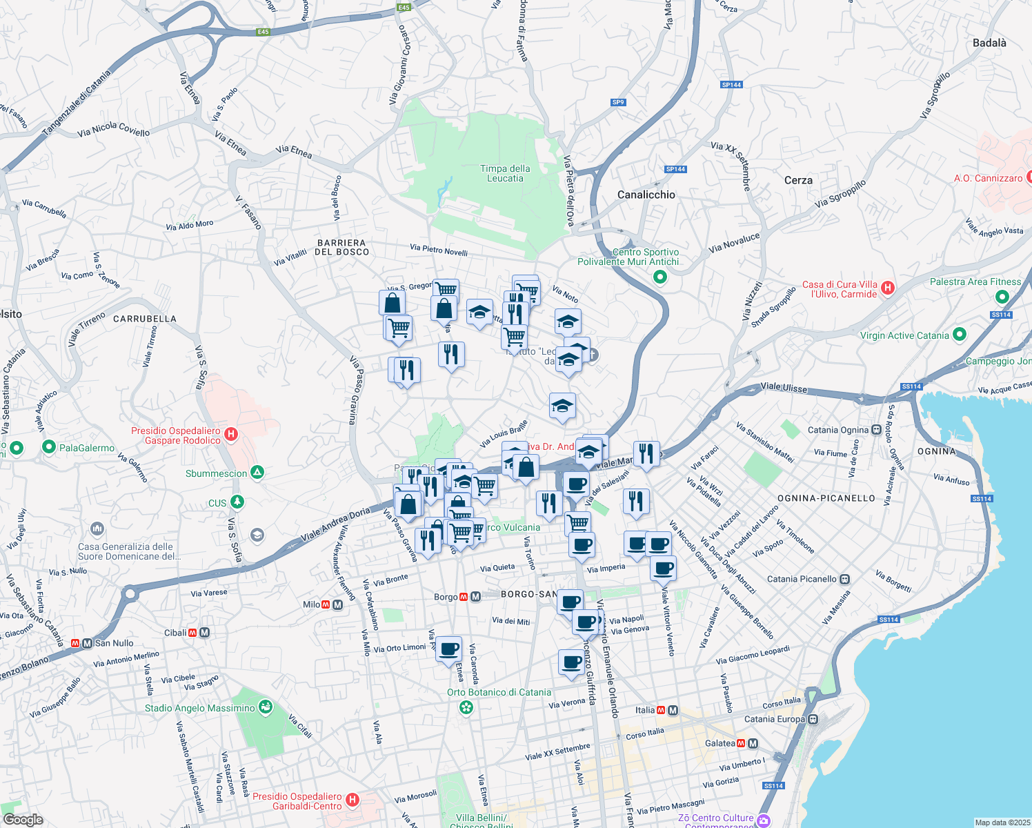 map of restaurants, bars, coffee shops, grocery stores, and more near 37 Via Battista Grassi in Catania