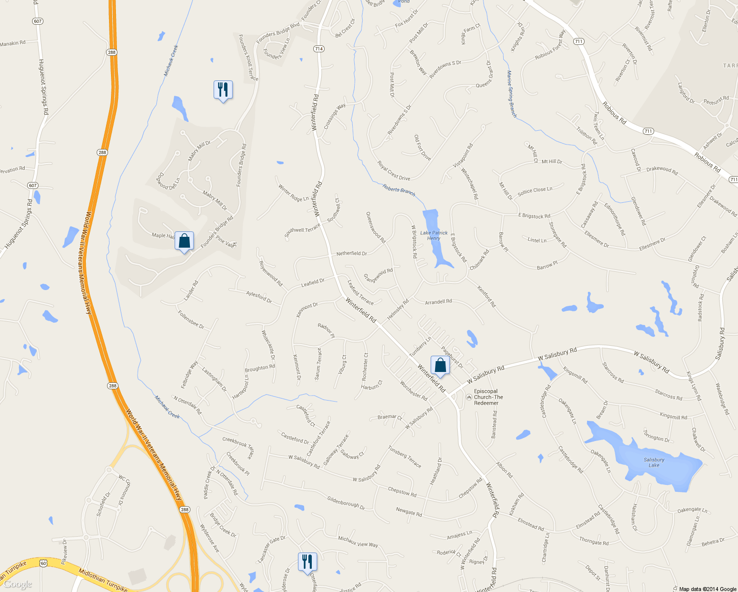 map of restaurants, bars, coffee shops, grocery stores, and more near 2641 Leafield Terrace in Midlothian