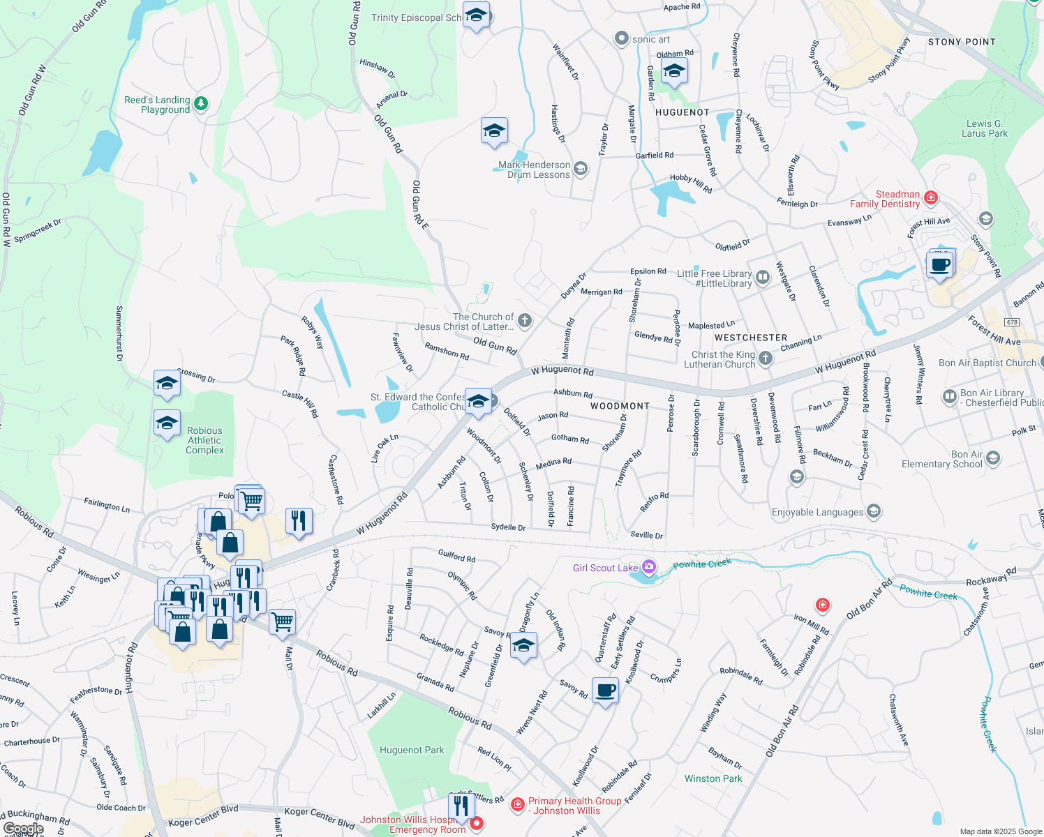 map of restaurants, bars, coffee shops, grocery stores, and more near 10540 Jason Road in Richmond