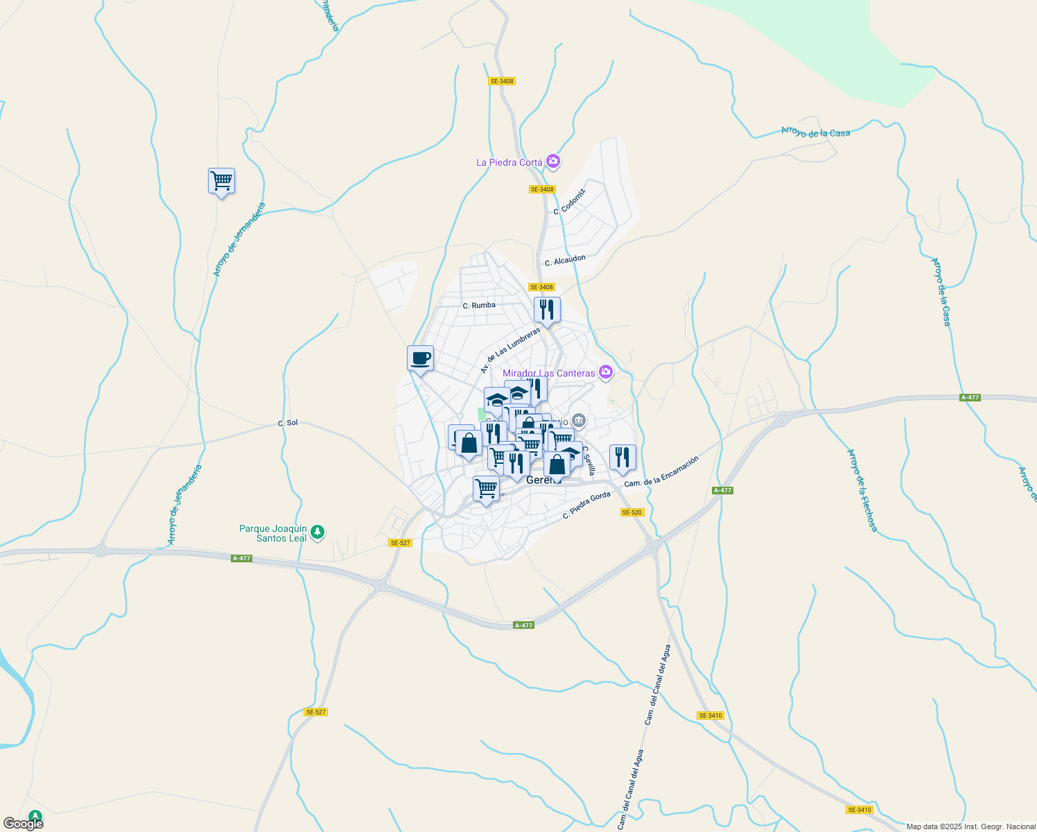 map of restaurants, bars, coffee shops, grocery stores, and more near 1 Calle Alcalde Acuña Carrasco in Gerena