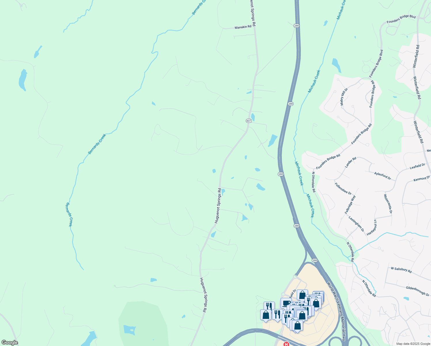 map of restaurants, bars, coffee shops, grocery stores, and more near 2306 Huguenot Springs Road in Midlothian