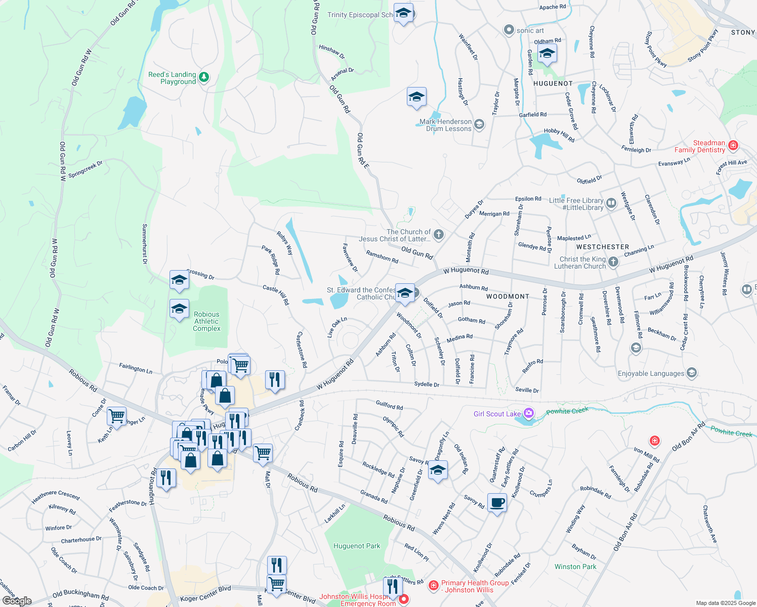 map of restaurants, bars, coffee shops, grocery stores, and more near 10949 Live Oak Court in Midlothian