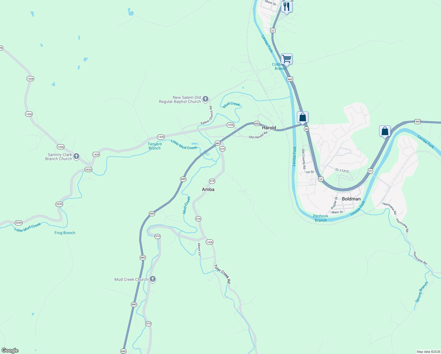map of restaurants, bars, coffee shops, grocery stores, and more near 425 Mellow Brook Lane in Harold