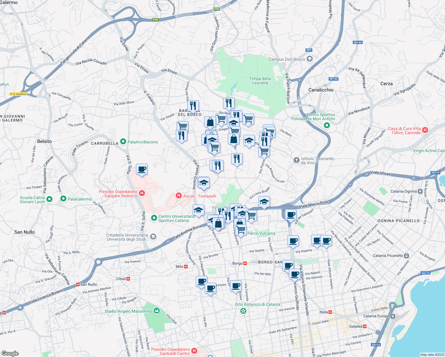 map of restaurants, bars, coffee shops, grocery stores, and more near 4 Via Cardinale Nava in Catania