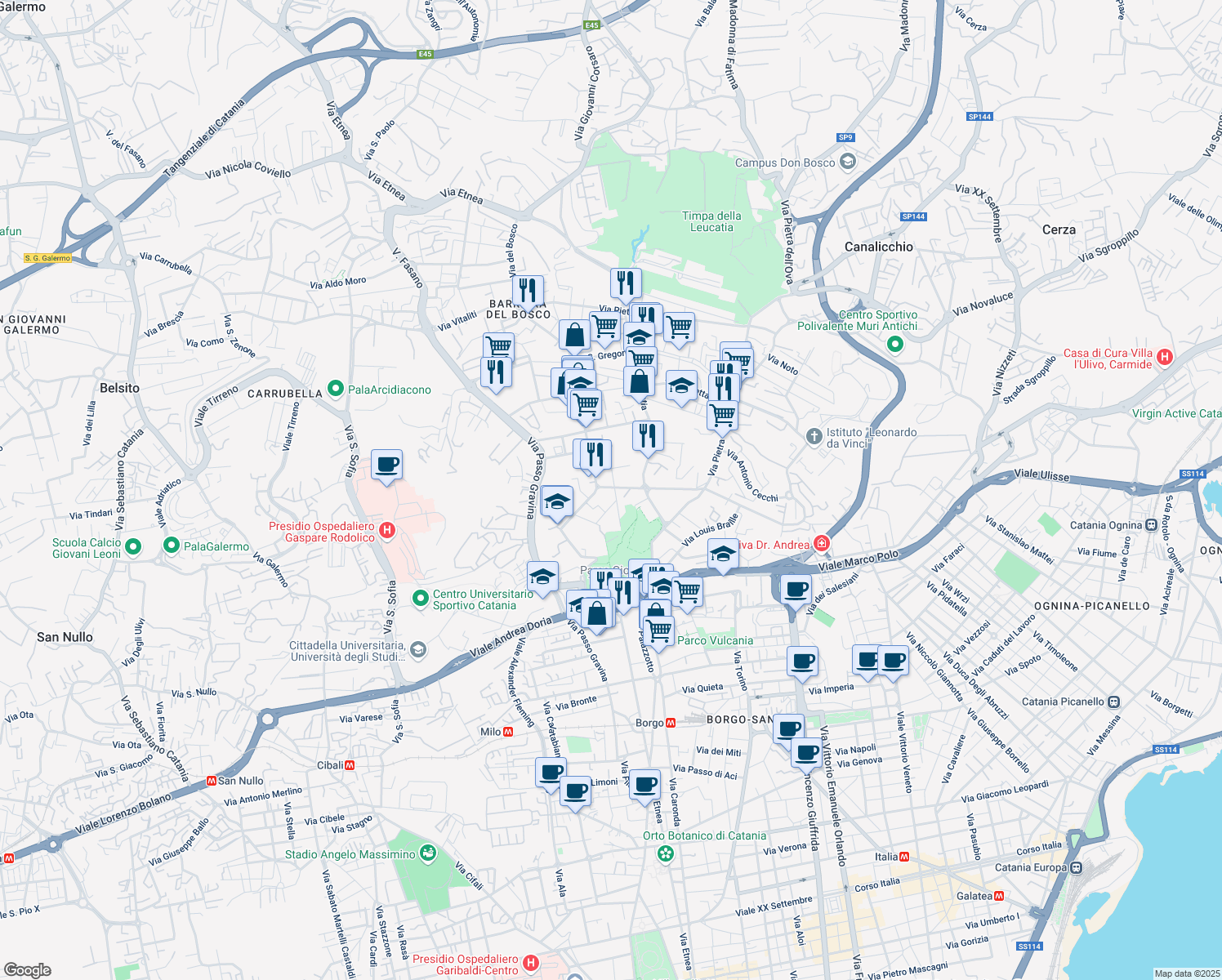 map of restaurants, bars, coffee shops, grocery stores, and more near 4 Via Cardinale Nava in Catania