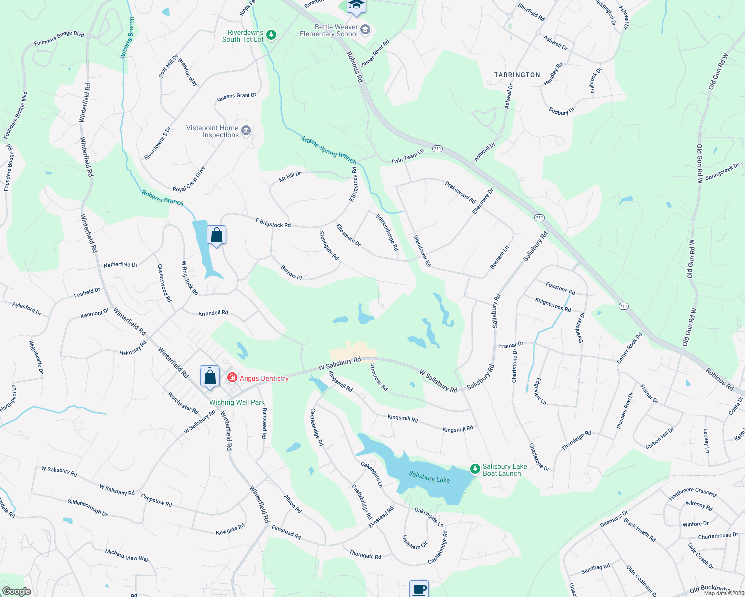 map of restaurants, bars, coffee shops, grocery stores, and more near 2712 Stonegate Court in Midlothian