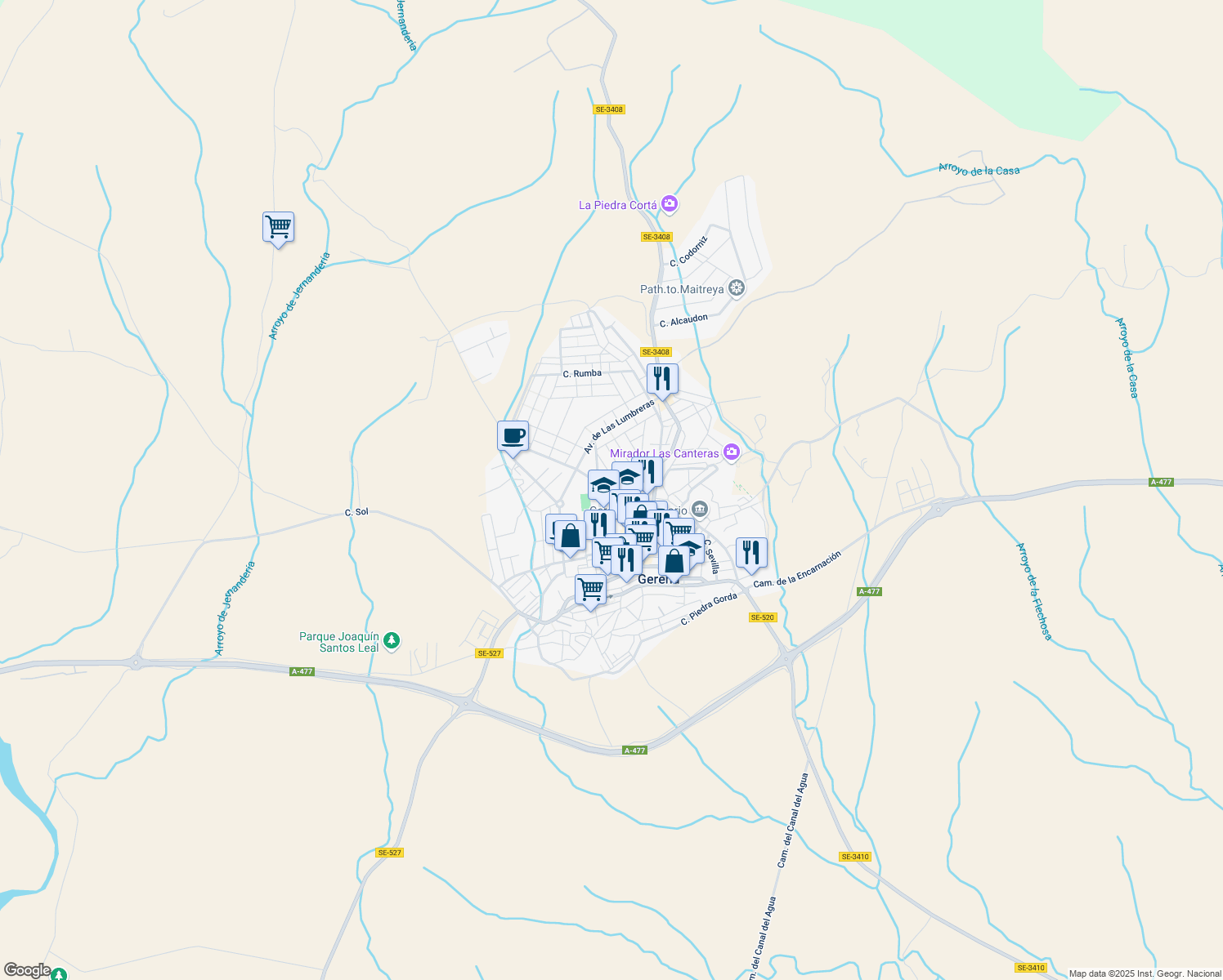 map of restaurants, bars, coffee shops, grocery stores, and more near 13 Calle Jose Quiros de la Rosa in Gerena