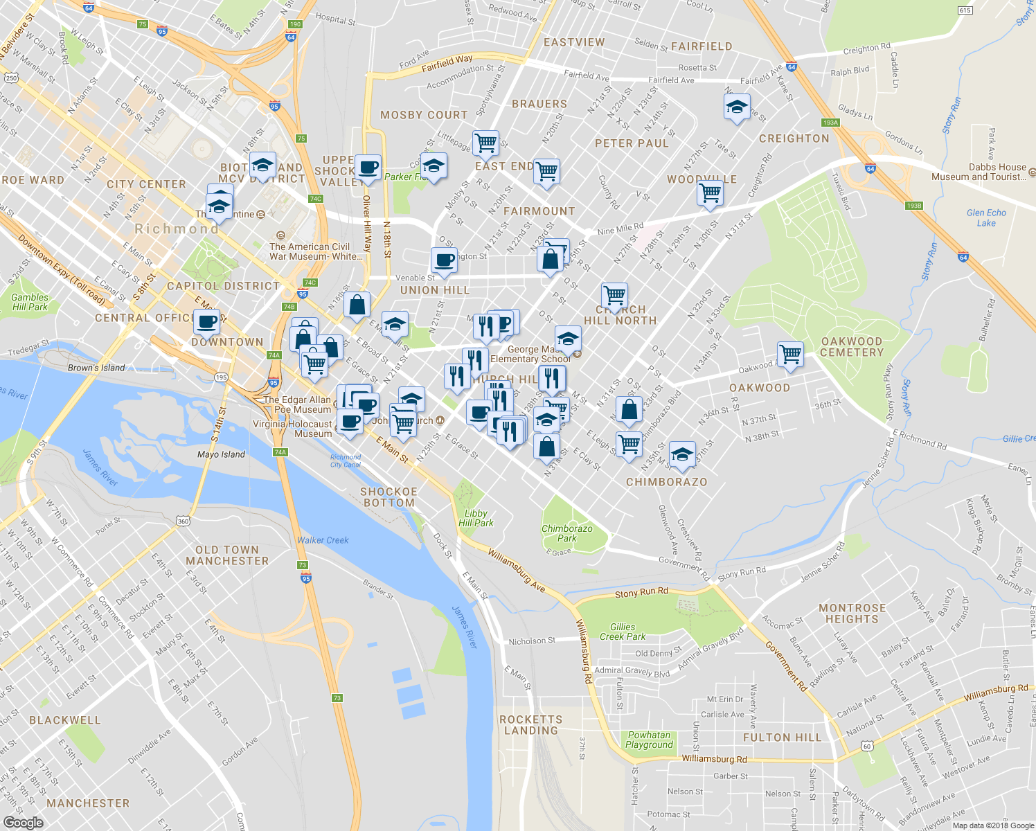map of restaurants, bars, coffee shops, grocery stores, and more near 414 North 28th Street in Richmond