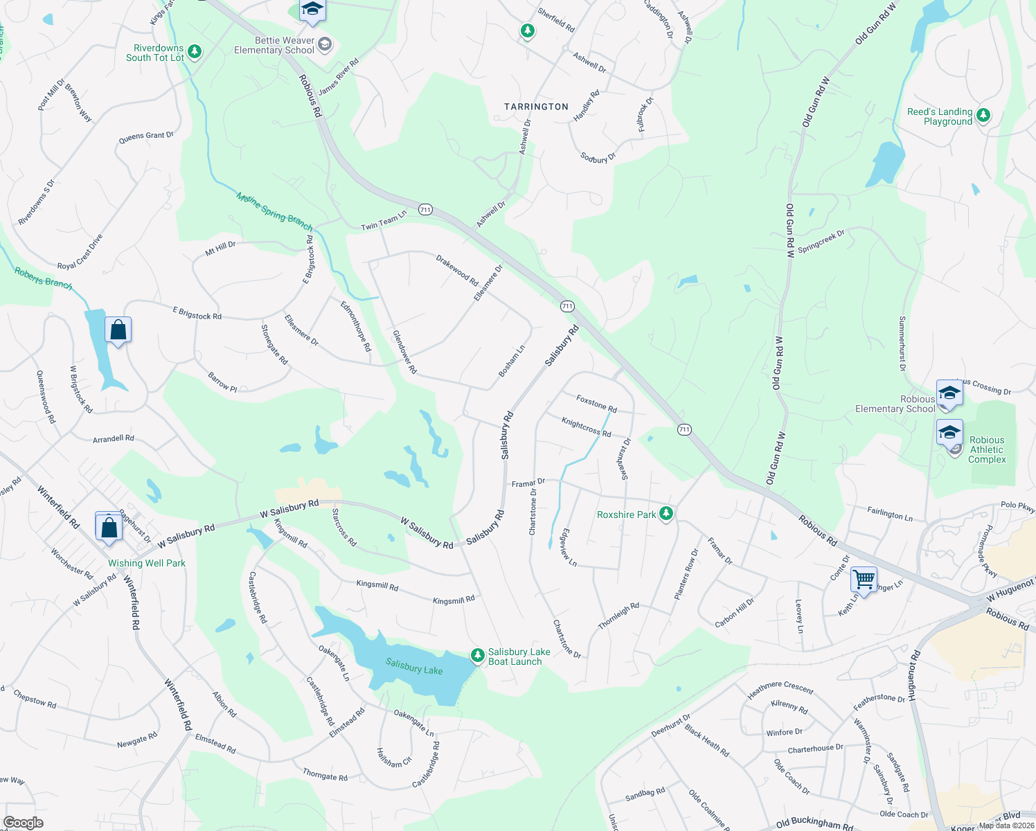 map of restaurants, bars, coffee shops, grocery stores, and more near 2711 Salisbury Road in Midlothian