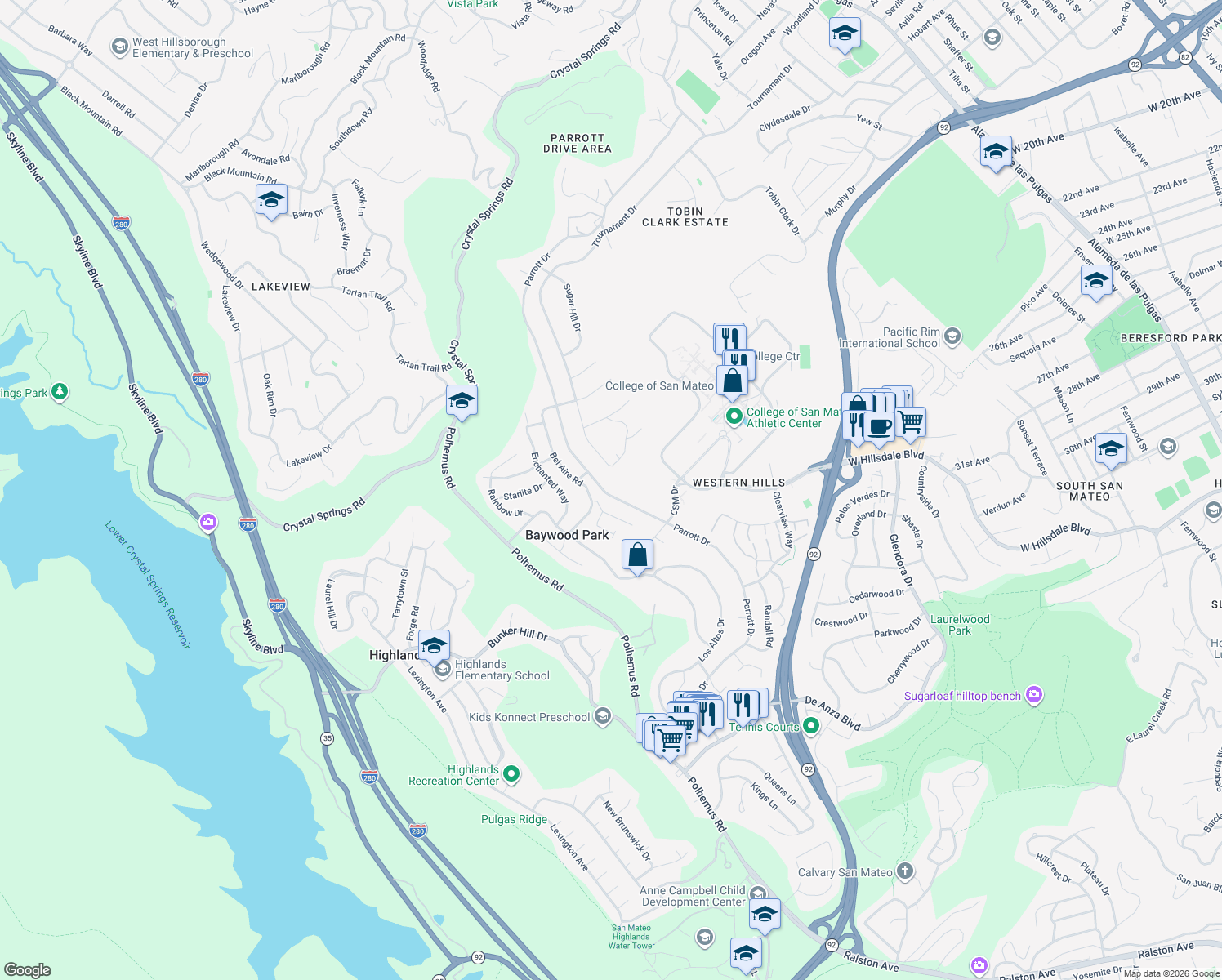 map of restaurants, bars, coffee shops, grocery stores, and more near 1475 Parrott Drive in San Mateo