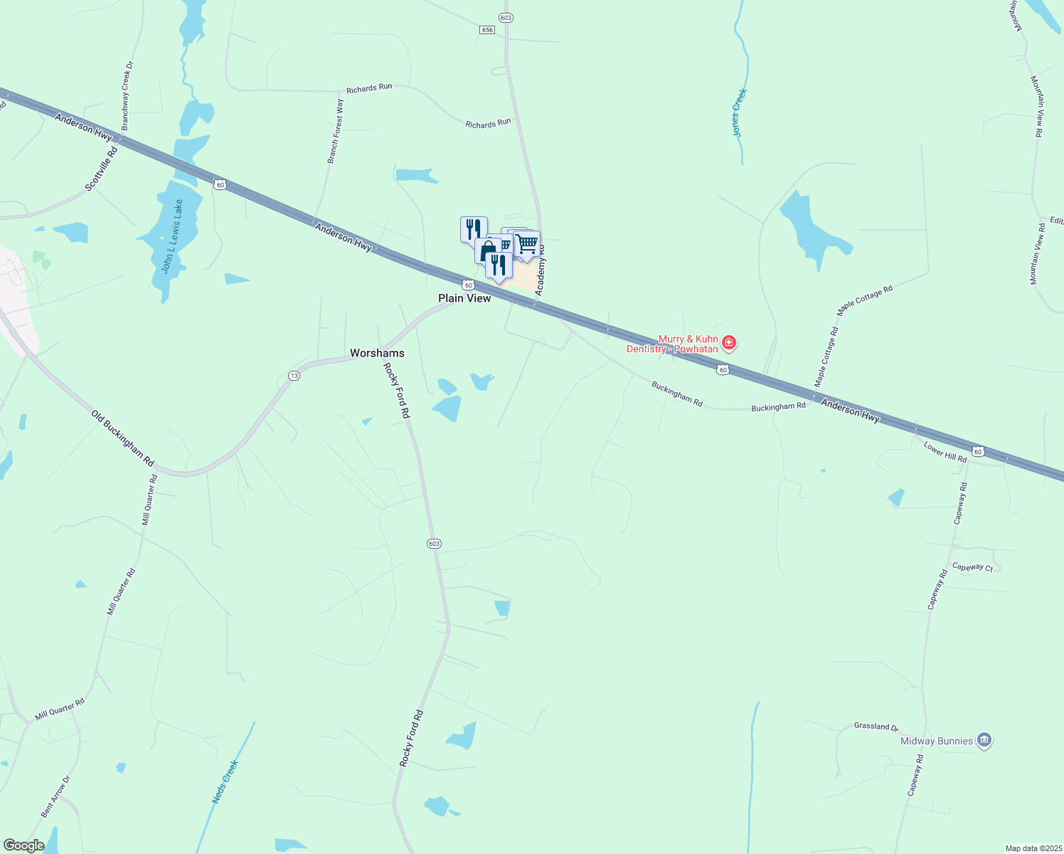 map of restaurants, bars, coffee shops, grocery stores, and more near 2033 Lone Draw Drive in Powhatan