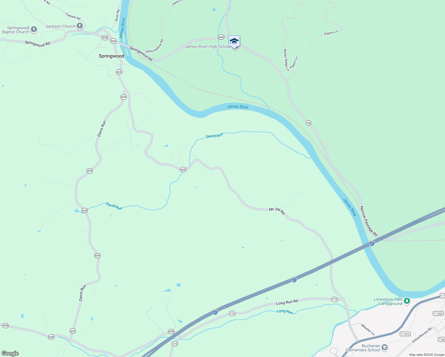 map of restaurants, bars, coffee shops, grocery stores, and more near 1905 Mount Joy Road in Buchanan