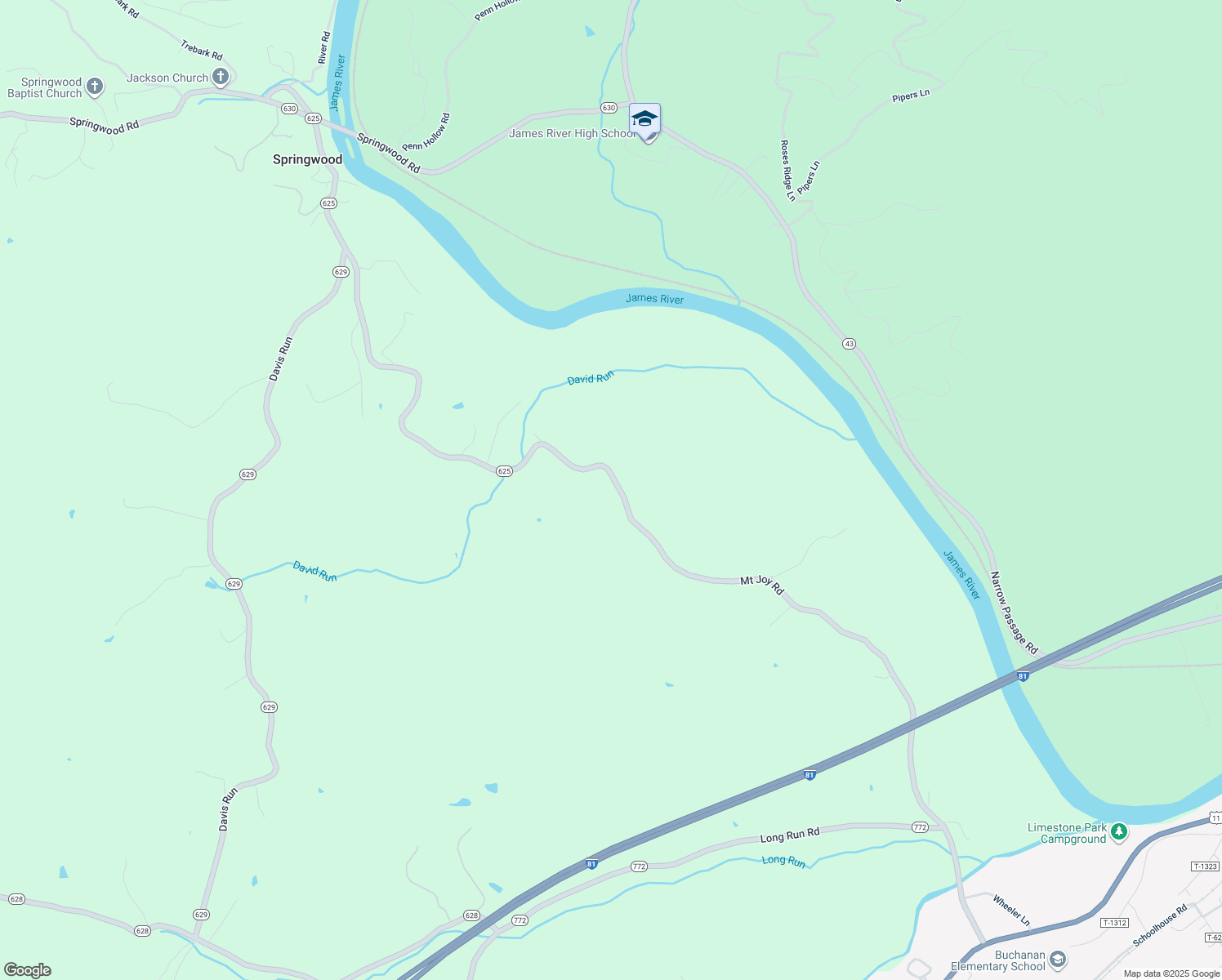 map of restaurants, bars, coffee shops, grocery stores, and more near 1905 Mount Joy Road in Buchanan