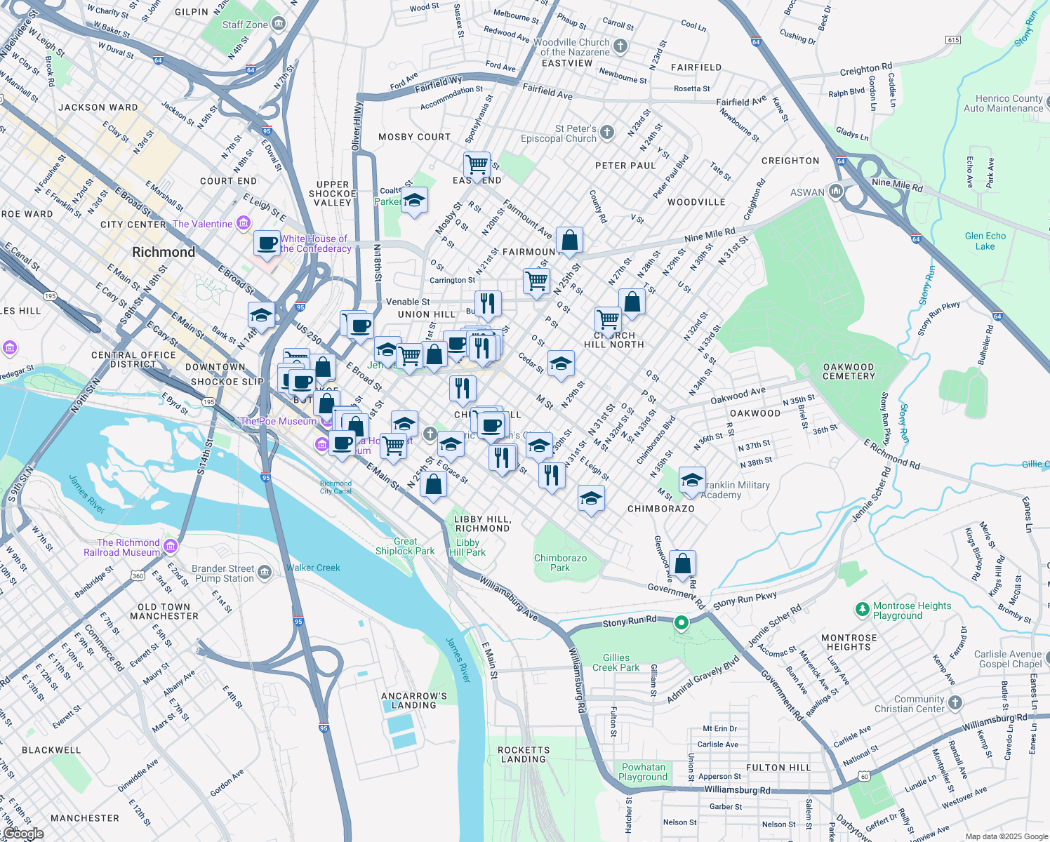 map of restaurants, bars, coffee shops, grocery stores, and more near 516 North 28th Street in Richmond