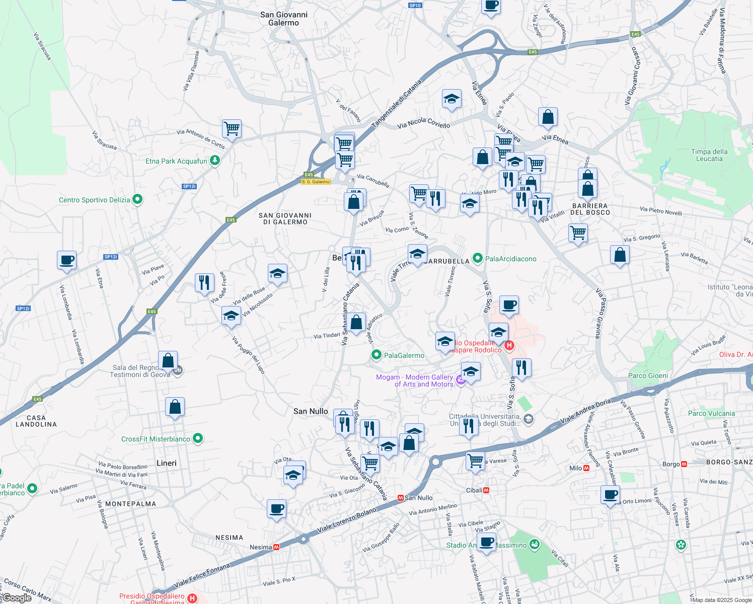 map of restaurants, bars, coffee shops, grocery stores, and more near 258 Via Galermo in Catania