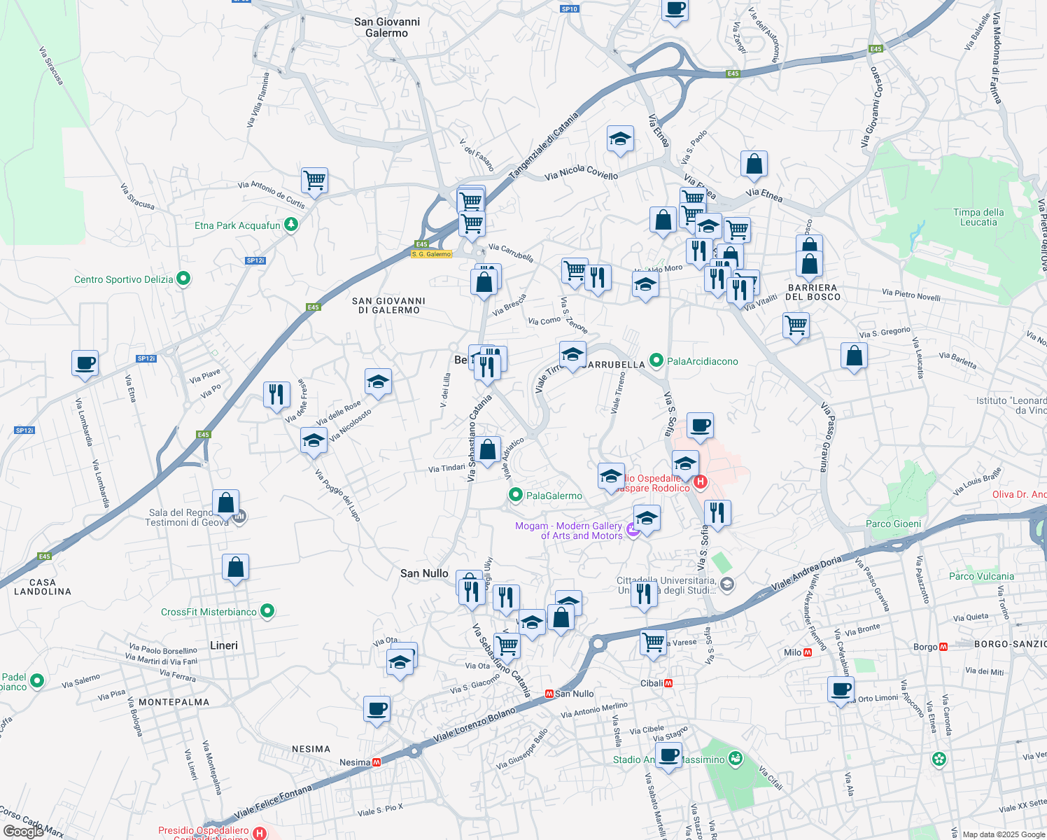 map of restaurants, bars, coffee shops, grocery stores, and more near 258 Via Galermo in Catania