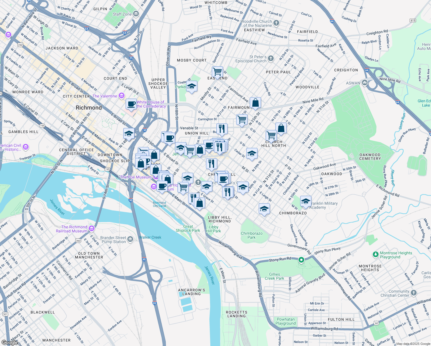 map of restaurants, bars, coffee shops, grocery stores, and more near 419 North 25th Street in Richmond