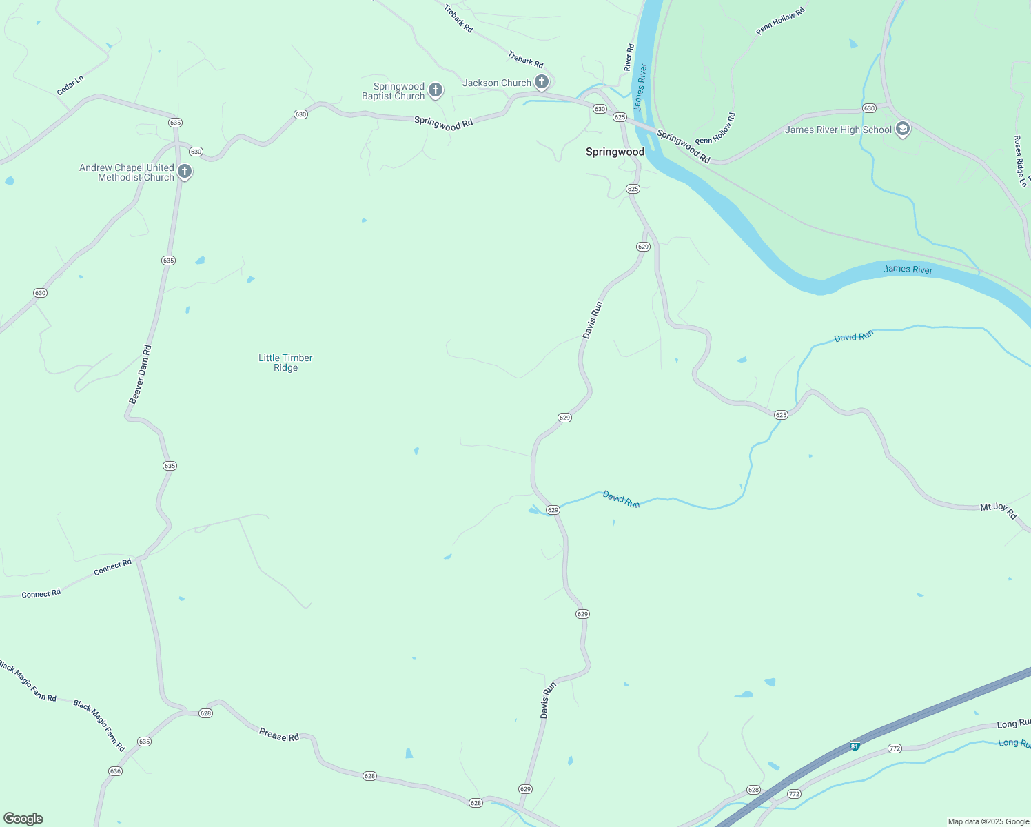 map of restaurants, bars, coffee shops, grocery stores, and more near 1429 Davis Run in Buchanan