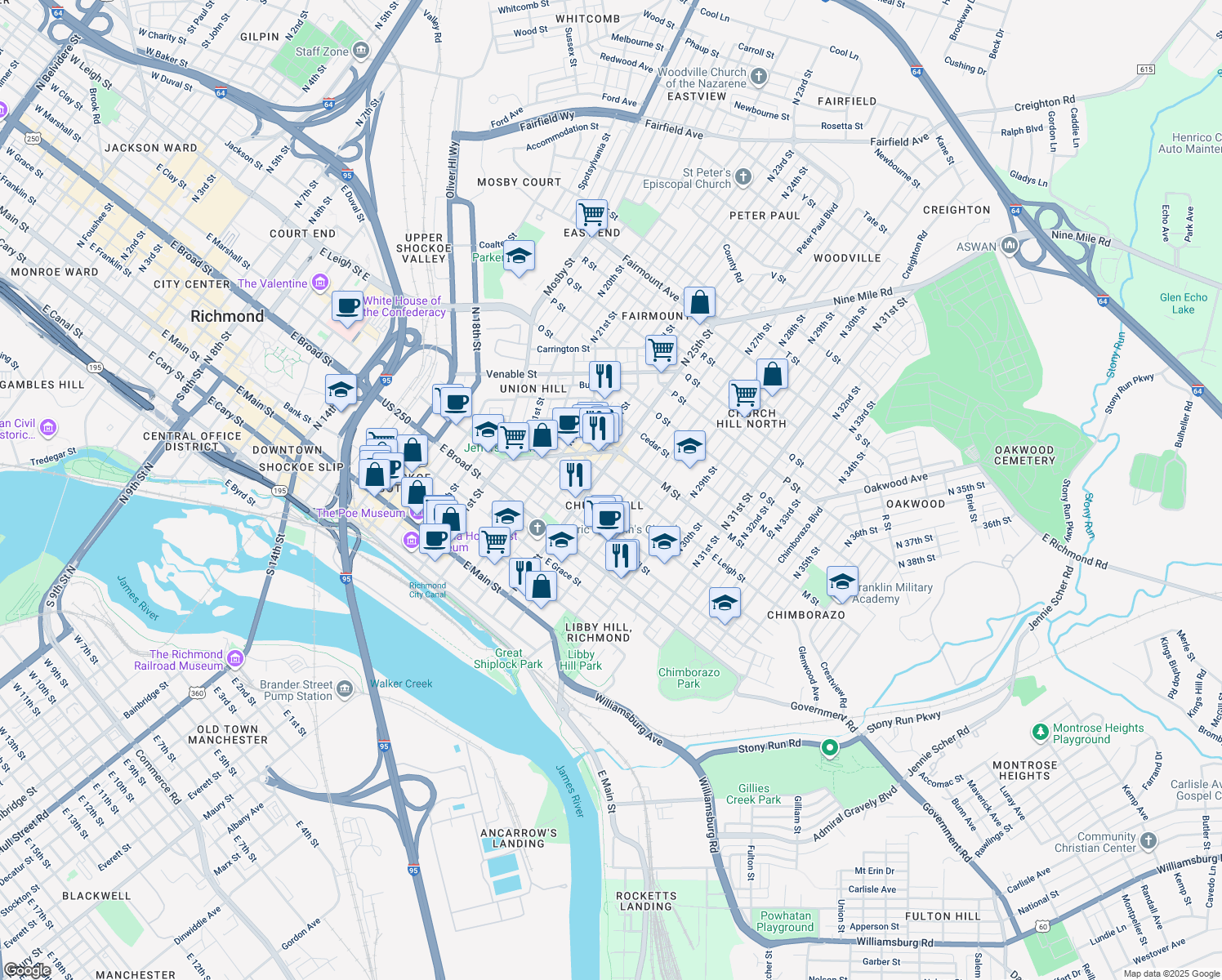 map of restaurants, bars, coffee shops, grocery stores, and more near 512 North 26th Street in Richmond