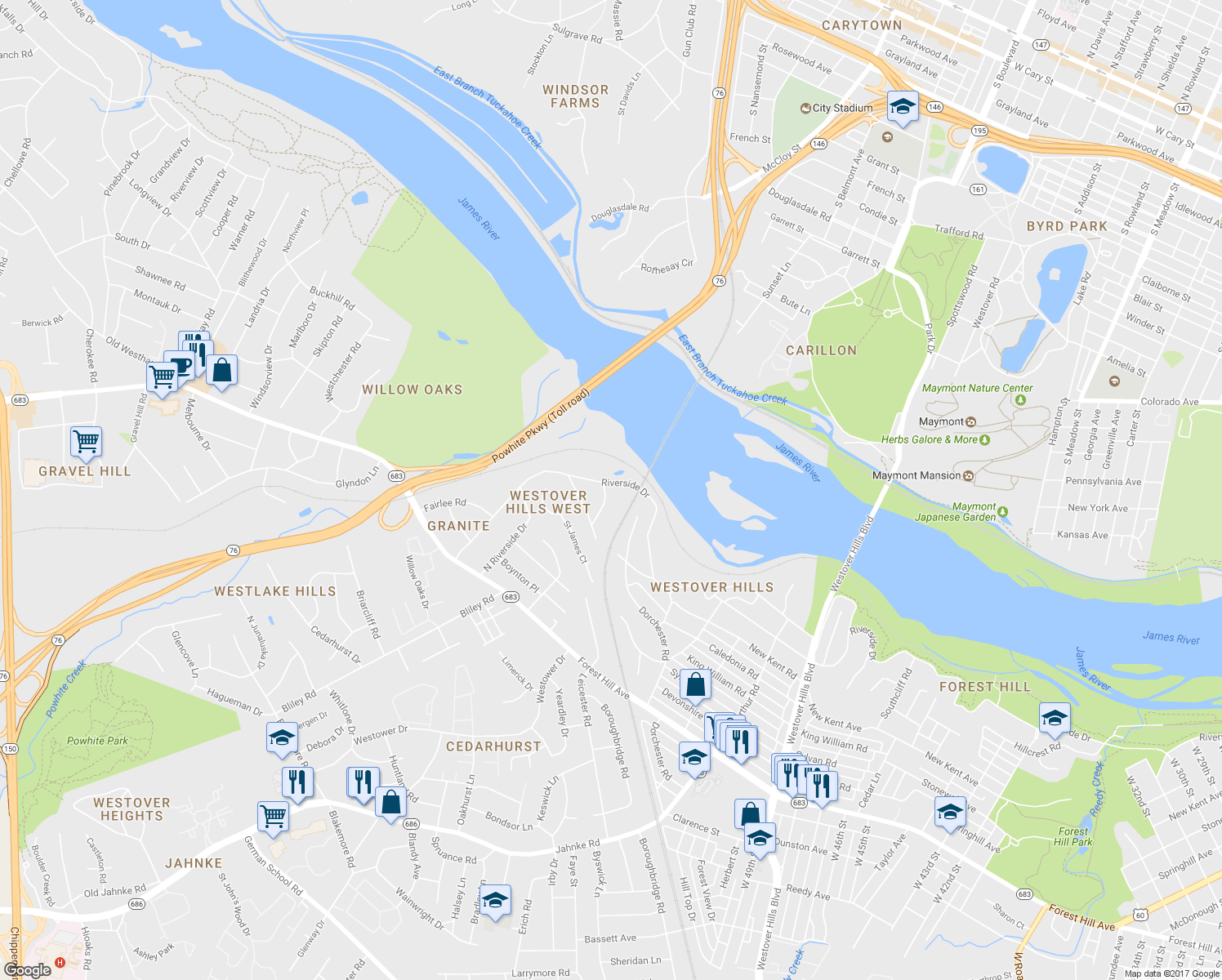 map of restaurants, bars, coffee shops, grocery stores, and more near 5571 Riverside Drive in Richmond