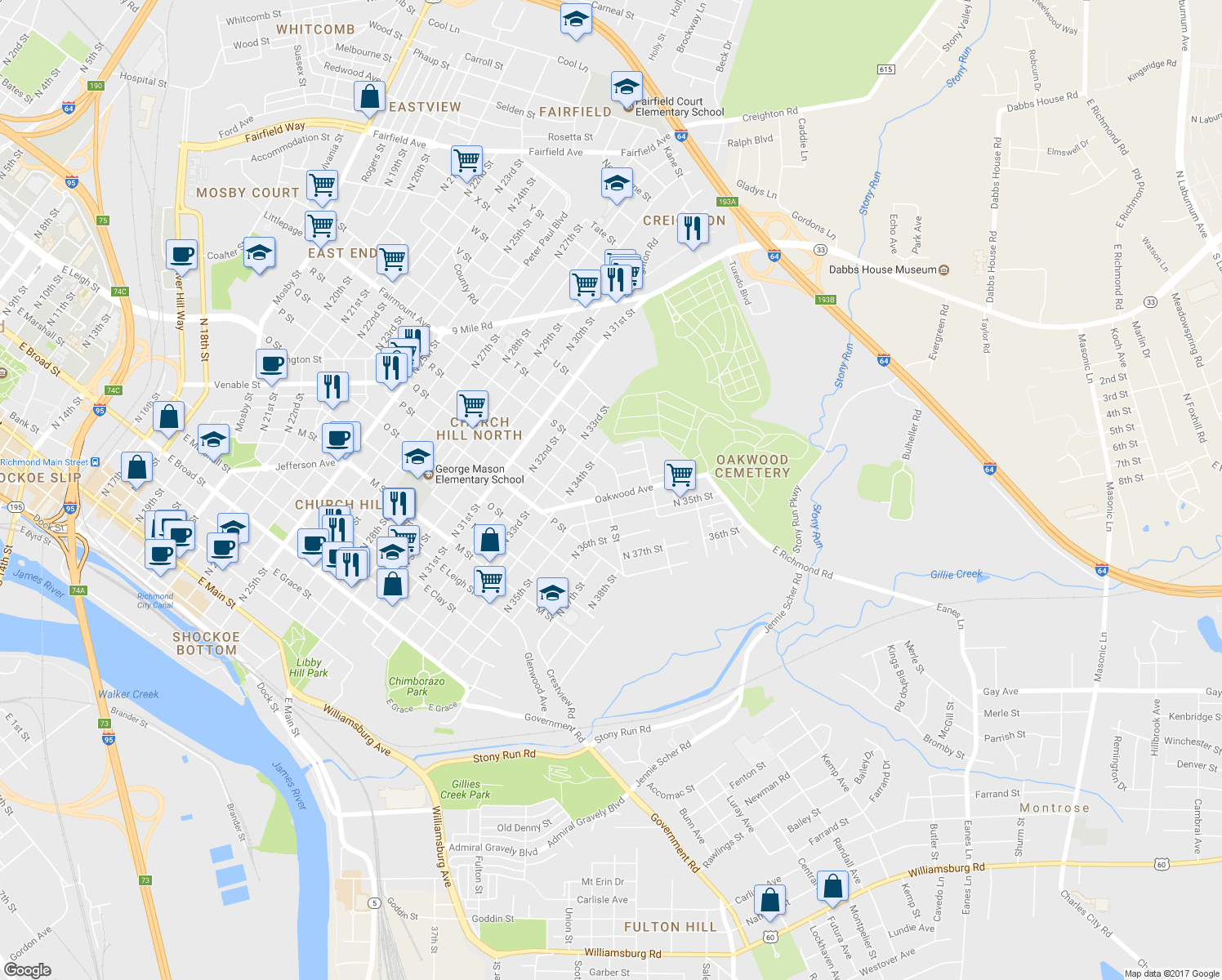 map of restaurants, bars, coffee shops, grocery stores, and more near 1314 Oakwood Avenue in Richmond