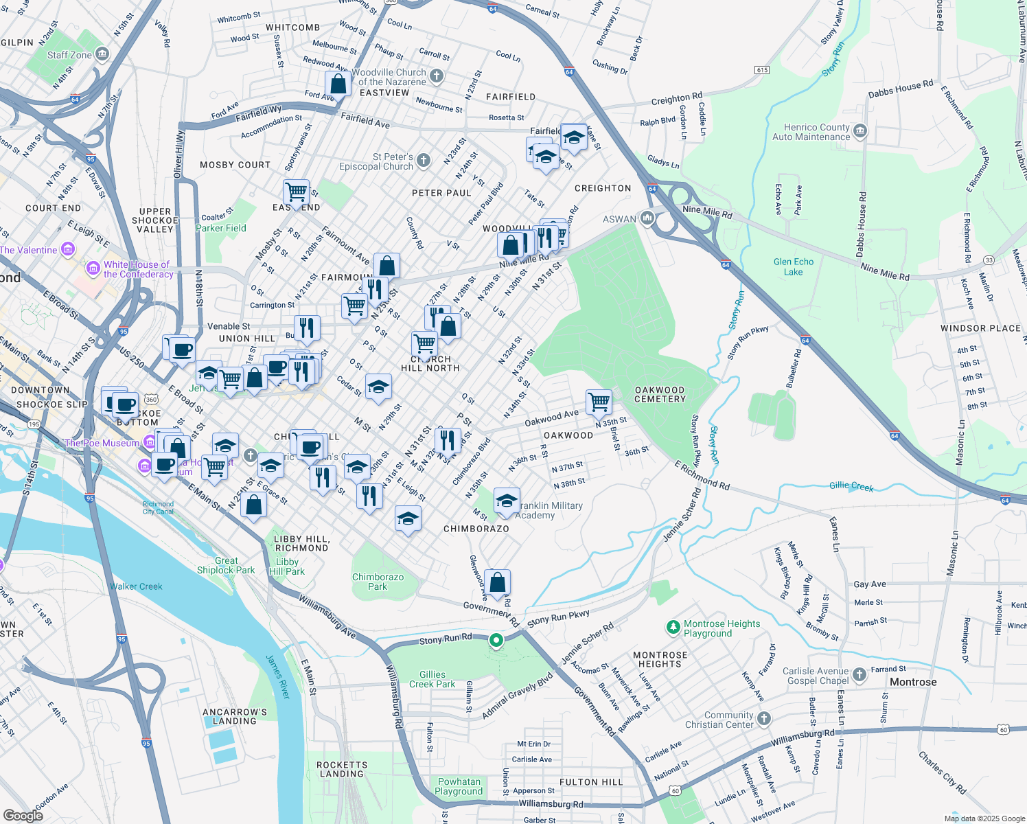 map of restaurants, bars, coffee shops, grocery stores, and more near 1119 North 34th Street in Richmond