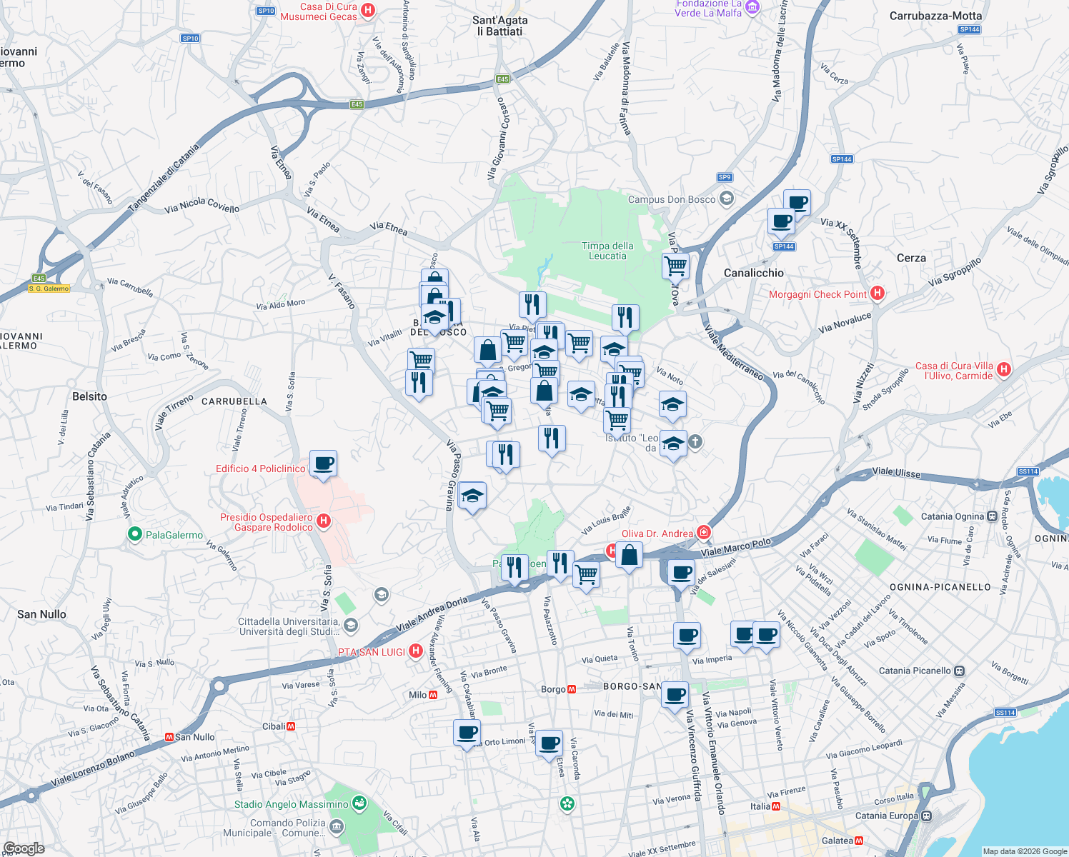 map of restaurants, bars, coffee shops, grocery stores, and more near in Catania