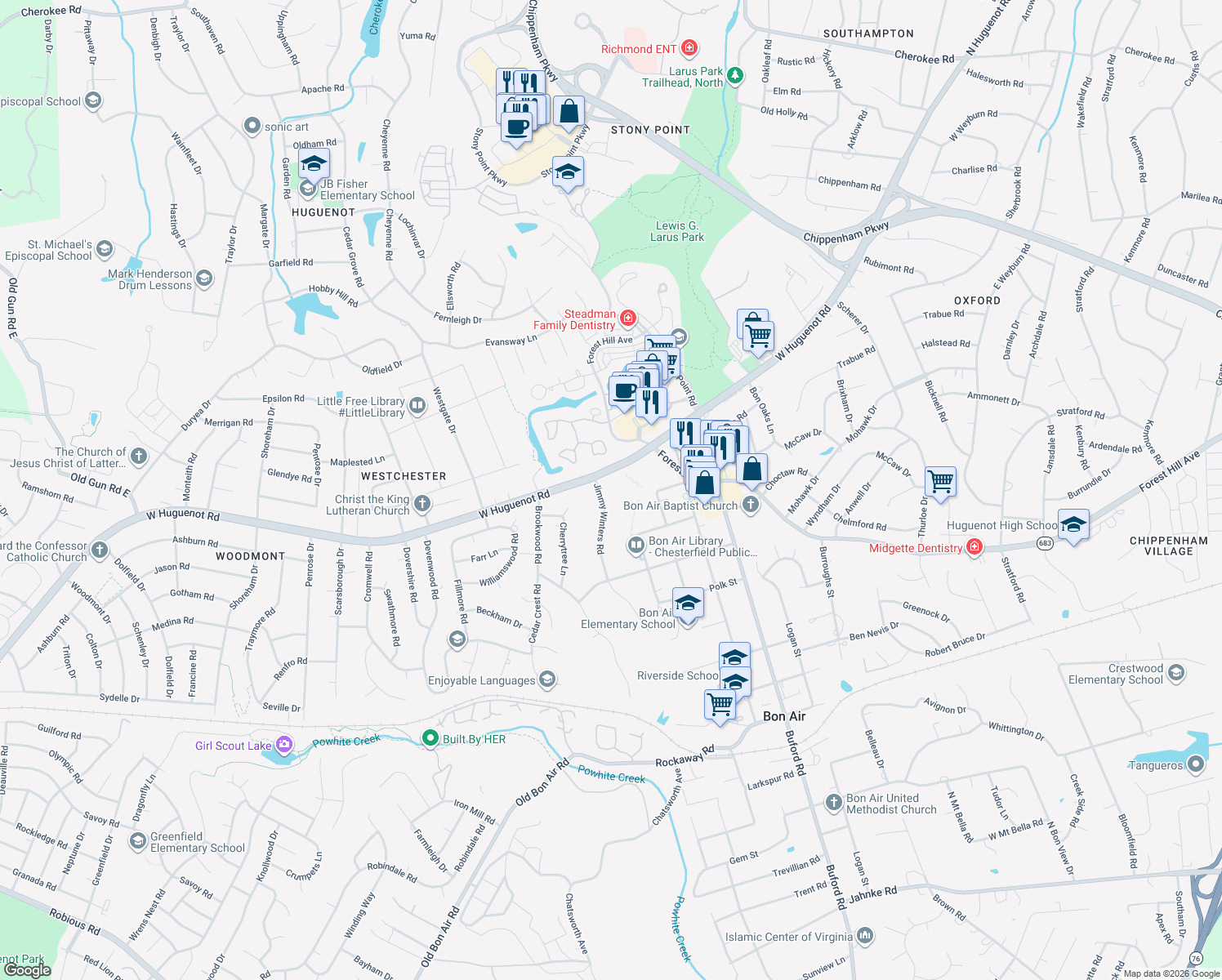 map of restaurants, bars, coffee shops, grocery stores, and more near 2719 Jimmy Winters Road in Richmond