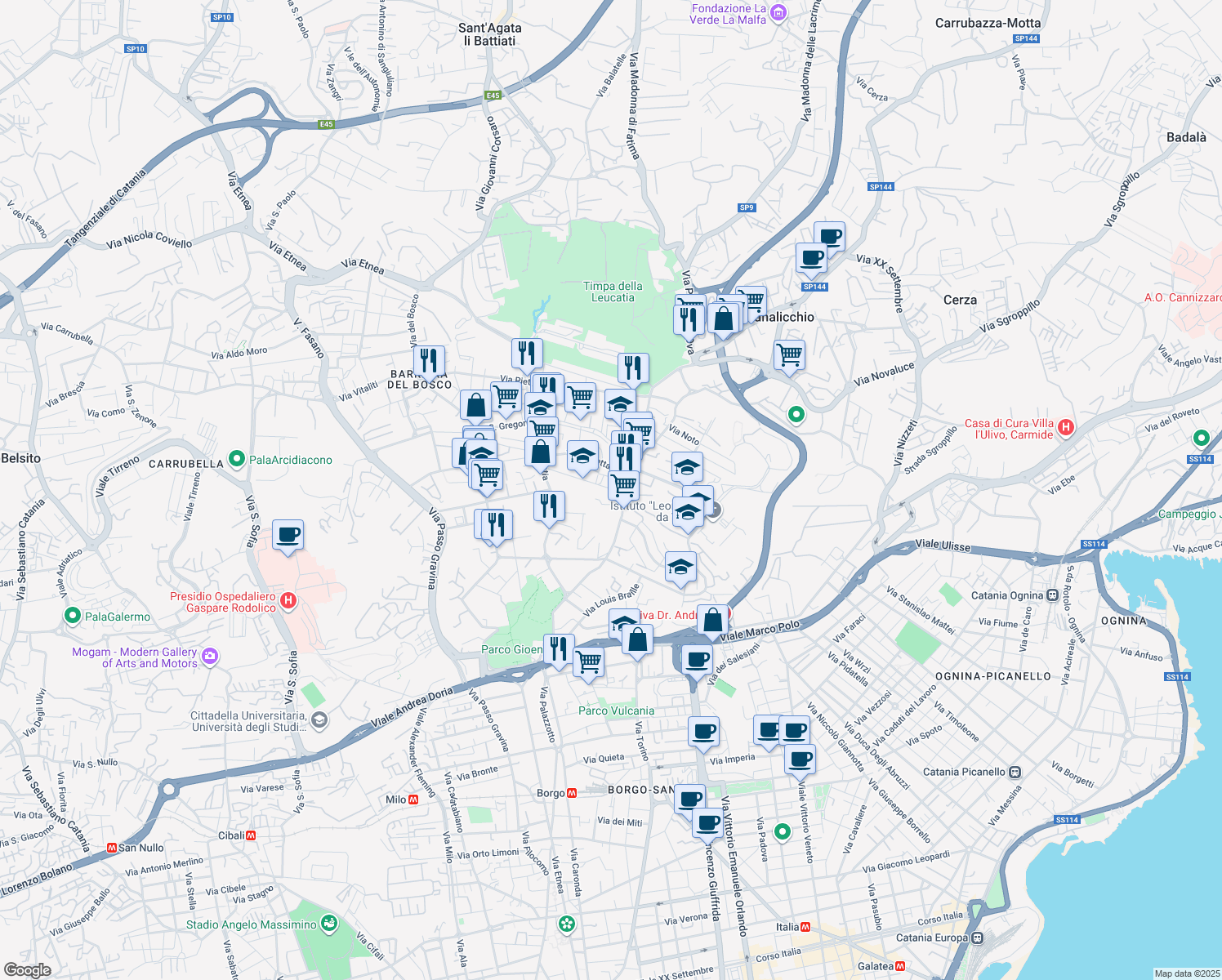 map of restaurants, bars, coffee shops, grocery stores, and more near 57 Via Pietra dell'Ova in Catania