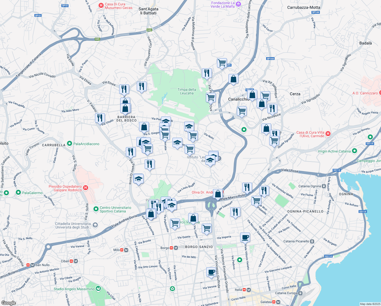 map of restaurants, bars, coffee shops, grocery stores, and more near 57 Via Pietra dell'Ova in Catania