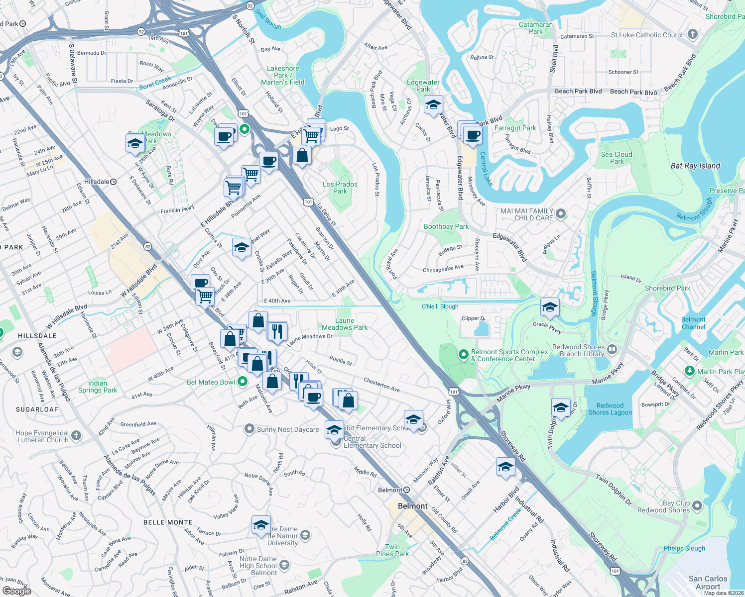 map of restaurants, bars, coffee shops, grocery stores, and more near 4105 Branson Drive in San Mateo