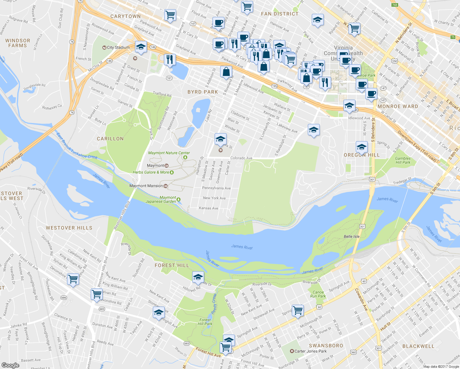 map of restaurants, bars, coffee shops, grocery stores, and more near 1516 Texas Ave in Richmond